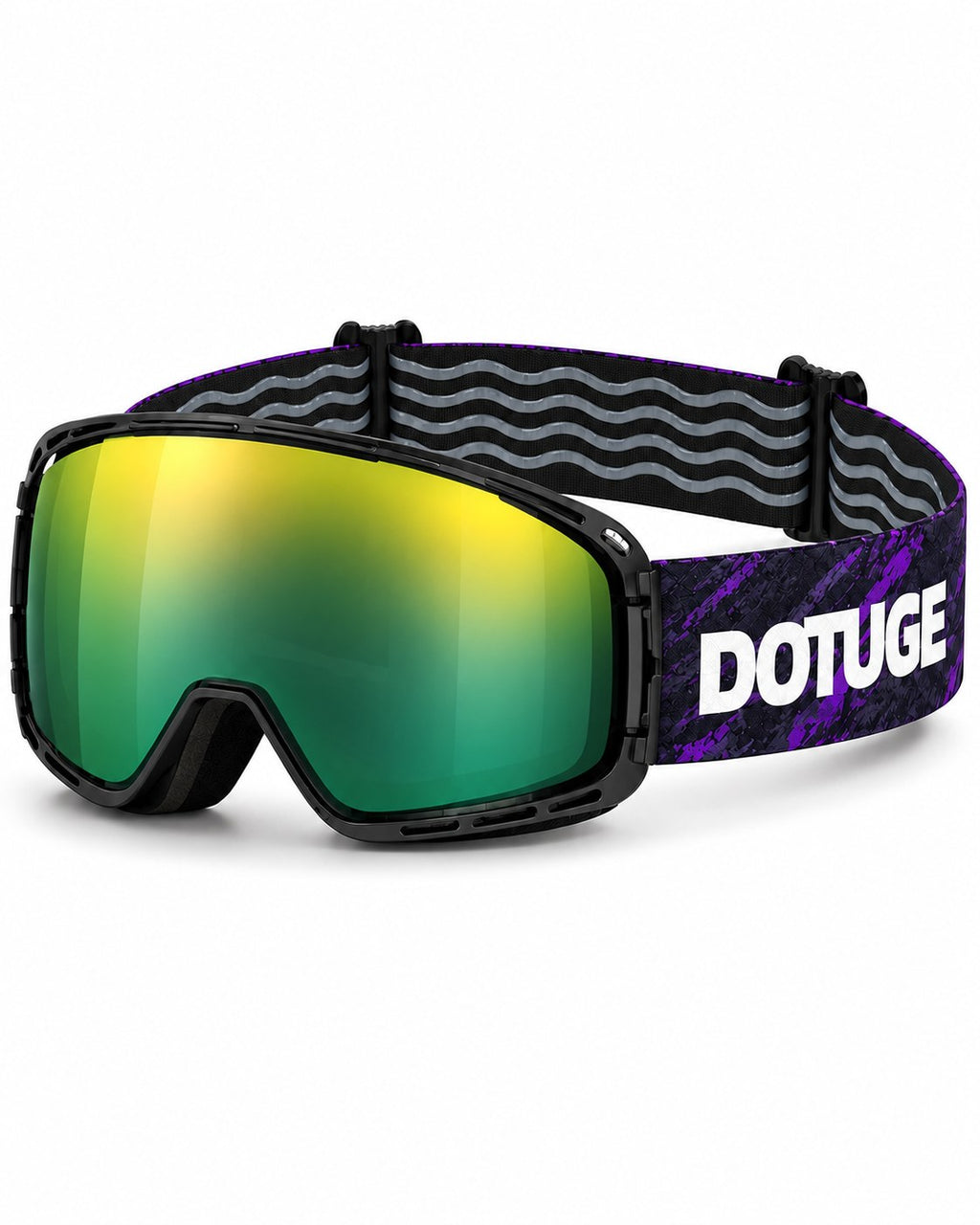 Halo 2 | Snow Goggles | Photochromic Cylindrical Lens, UV400 Protection | Skiing and Snowboarding-Green Lens / Black Frame / Black Strap – three-quarter view, studio – Snowgest