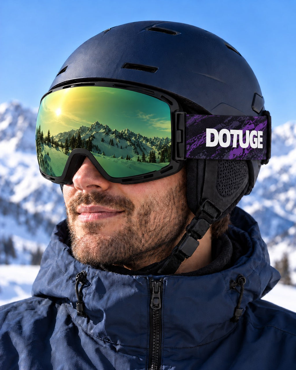 Halo 2 | Snow Goggles | Photochromic Cylindrical Lens, UV400 Protection | Skiing and Snowboarding-Green Lens / Black Frame / Black Strap – worn with a ski helmet, close-up – Snowgest