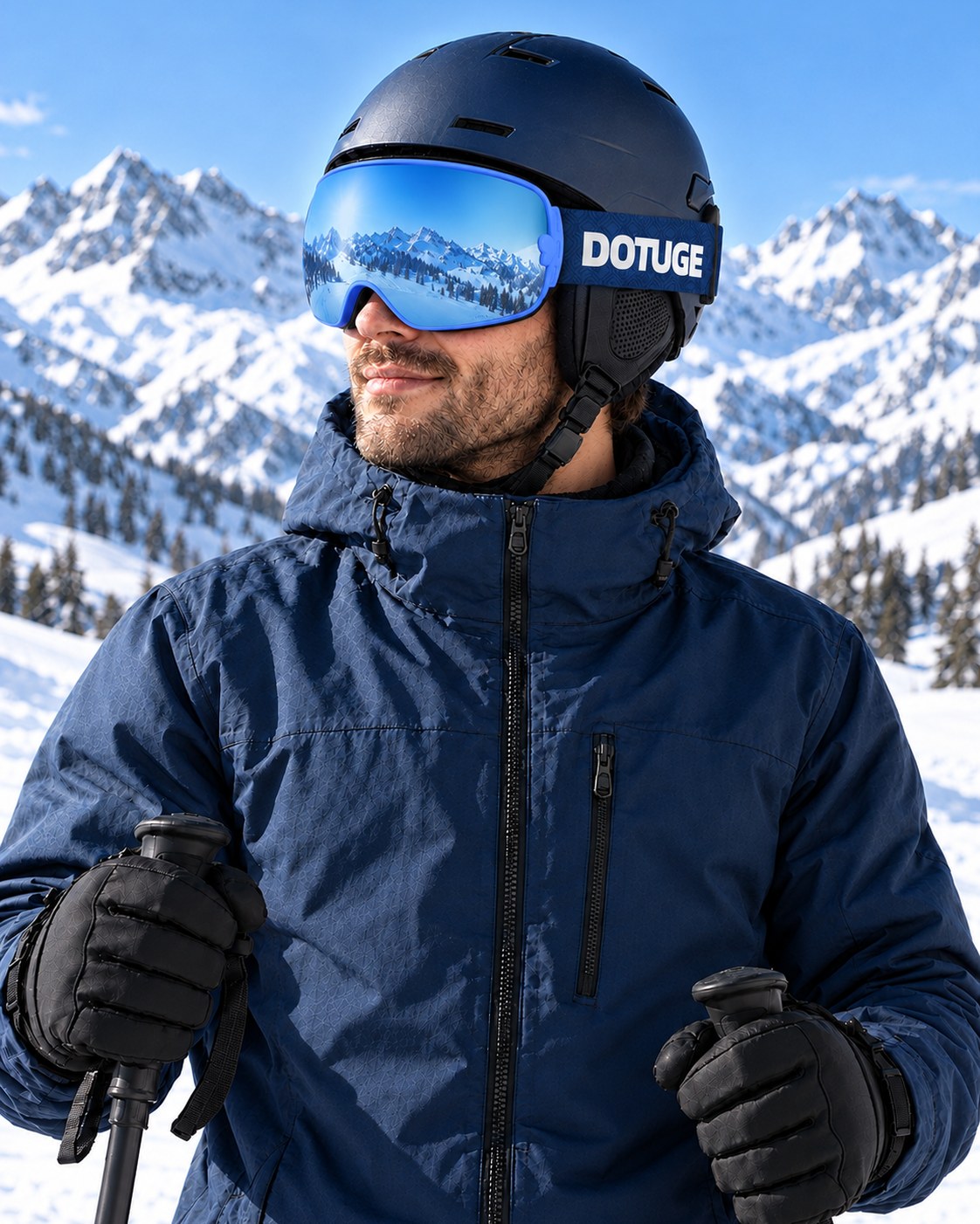 Mesa 2 | Snow Goggles | Photochromic Spherical Lens, UV400 Protection | Skiing and Snowboarding-Blue Lens / Blue Frame / Blue Strap – worn by a skier on the slopes – Snowgest