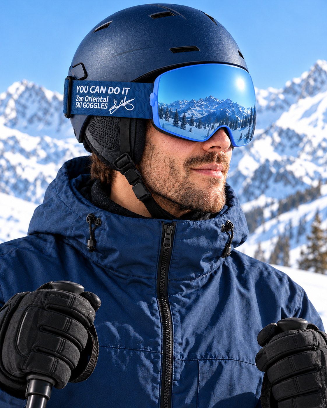 Mesa 2 | Snow Goggles | Photochromic Spherical Lens, UV400 Protection | Skiing and Snowboarding-Blue Lens / Blue Frame / Blue Strap – side view worn by a skier – Snowgest