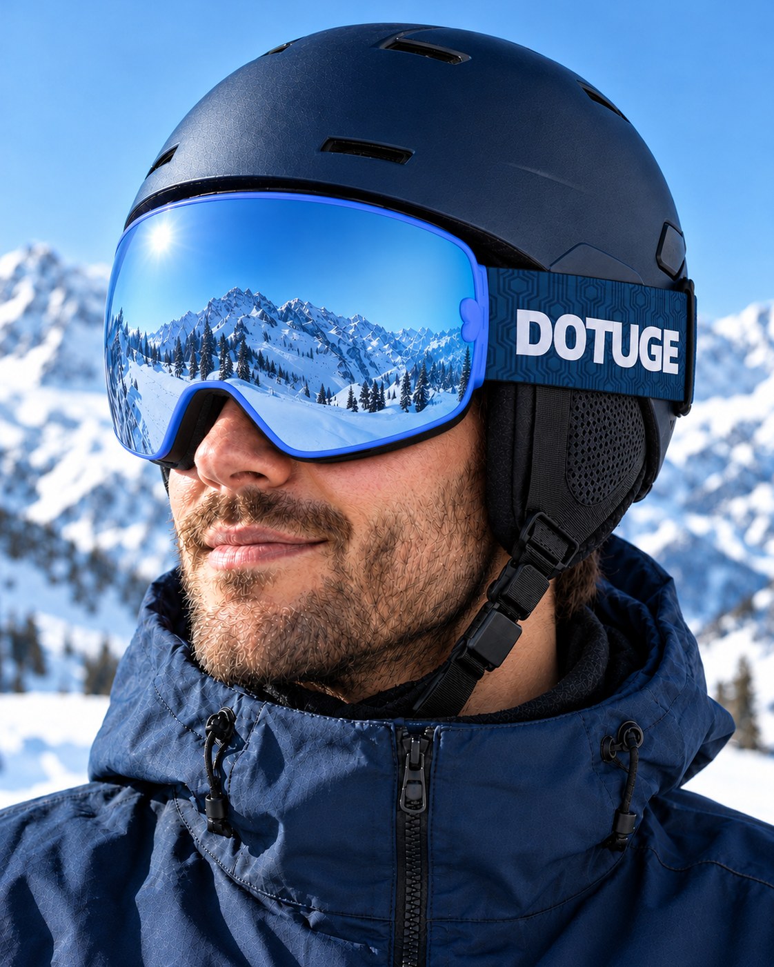 Mesa 2 | Snow Goggles | Photochromic Spherical Lens, UV400 Protection | Skiing and Snowboarding-Blue Lens / Blue Frame / Blue Strap – worn with a ski helmet, close-up – Snowgest