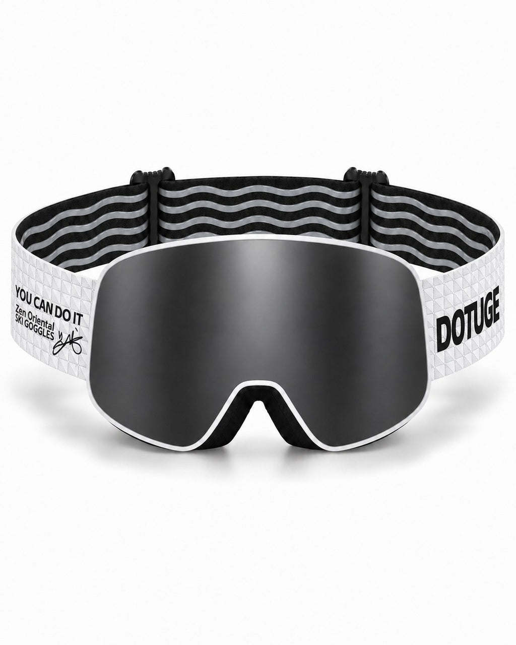 Mesa | Snow Goggles | Spherical Lens, UV400 Protection | Skiing and Snowboarding-Black Lens / White Frame / White Strap – front view, studio – Snowgest