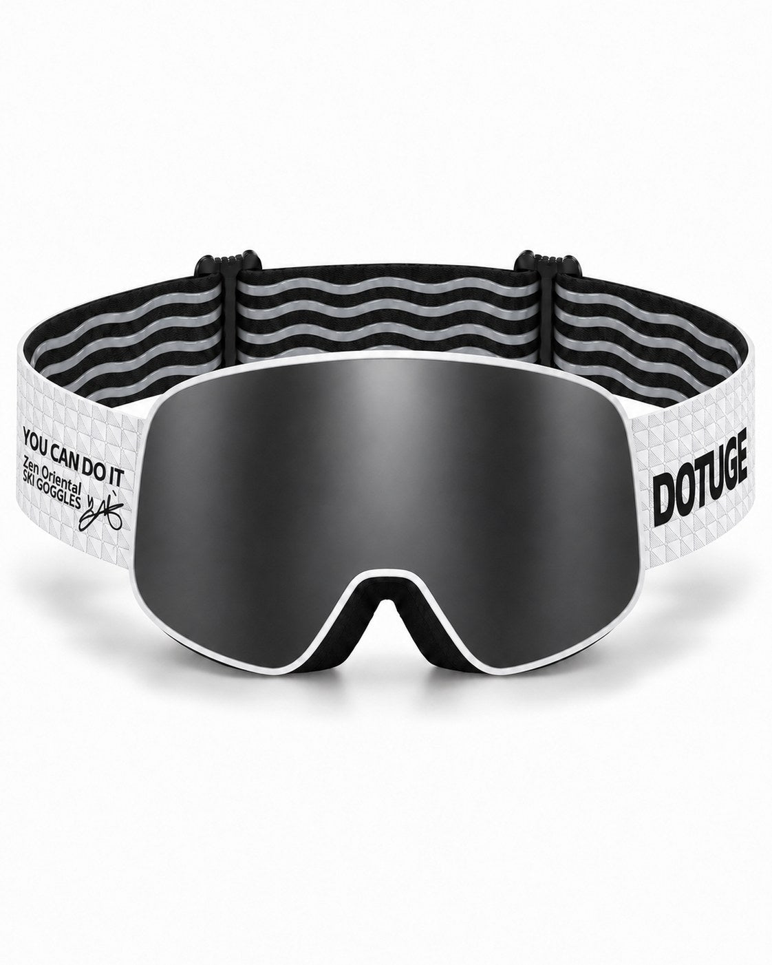 Mesa | Snow Goggles | Spherical Lens, UV400 Protection | Skiing and Snowboarding-Black Lens / White Frame / White Strap – front view, studio – Snowgest