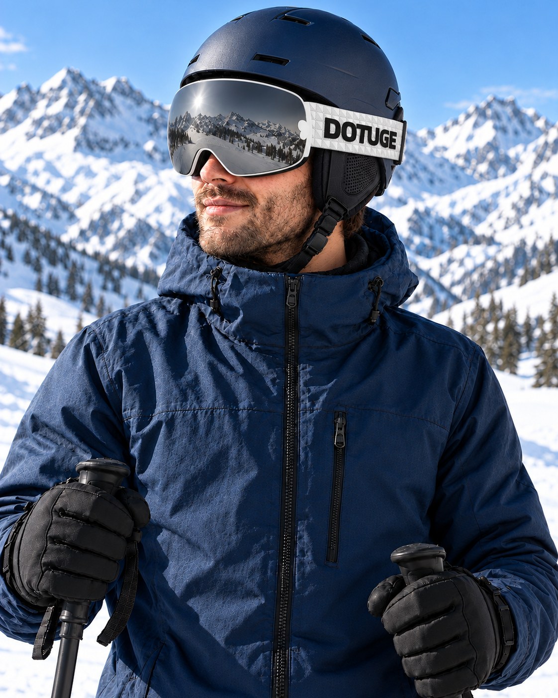 Mesa | Snow Goggles | Spherical Lens, UV400 Protection | Skiing and Snowboarding-Black Lens / White Frame / White Strap – worn by a skier on the slopes – Snowgest