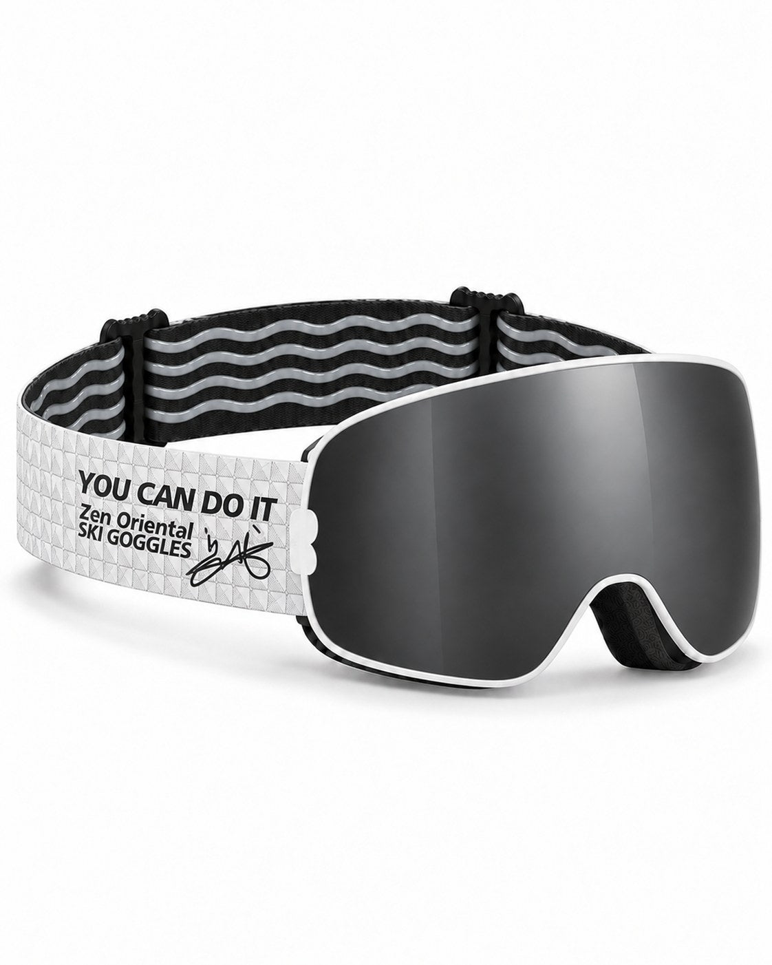 Mesa | Snow Goggles | Spherical Lens, UV400 Protection | Skiing and Snowboarding-Black Lens / White Frame / White Strap – opposite side view, studio – Snowgest