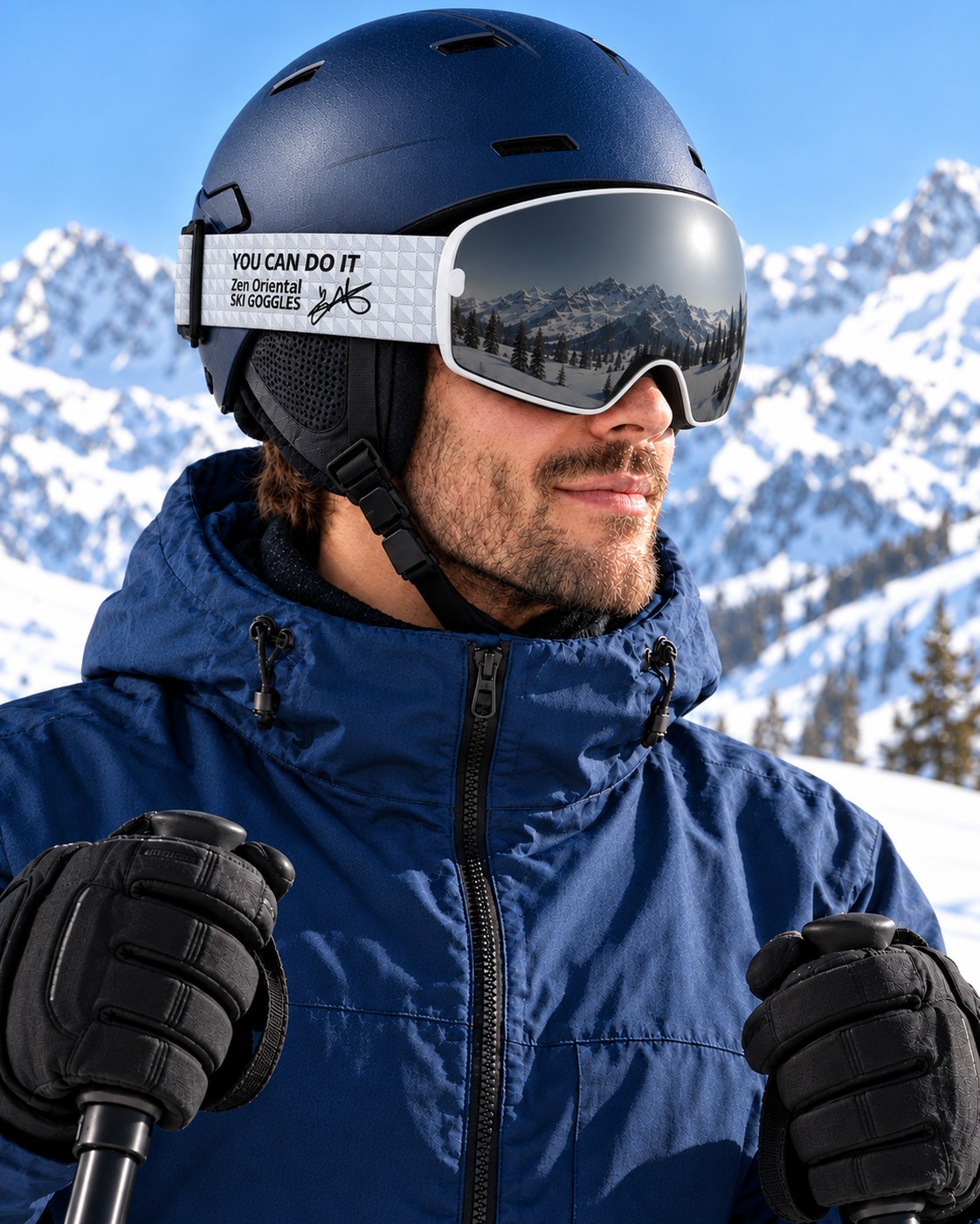Mesa | Snow Goggles | Spherical Lens, UV400 Protection | Skiing and Snowboarding-Black Lens / White Frame / White Strap – side view worn by a skier – Snowgest