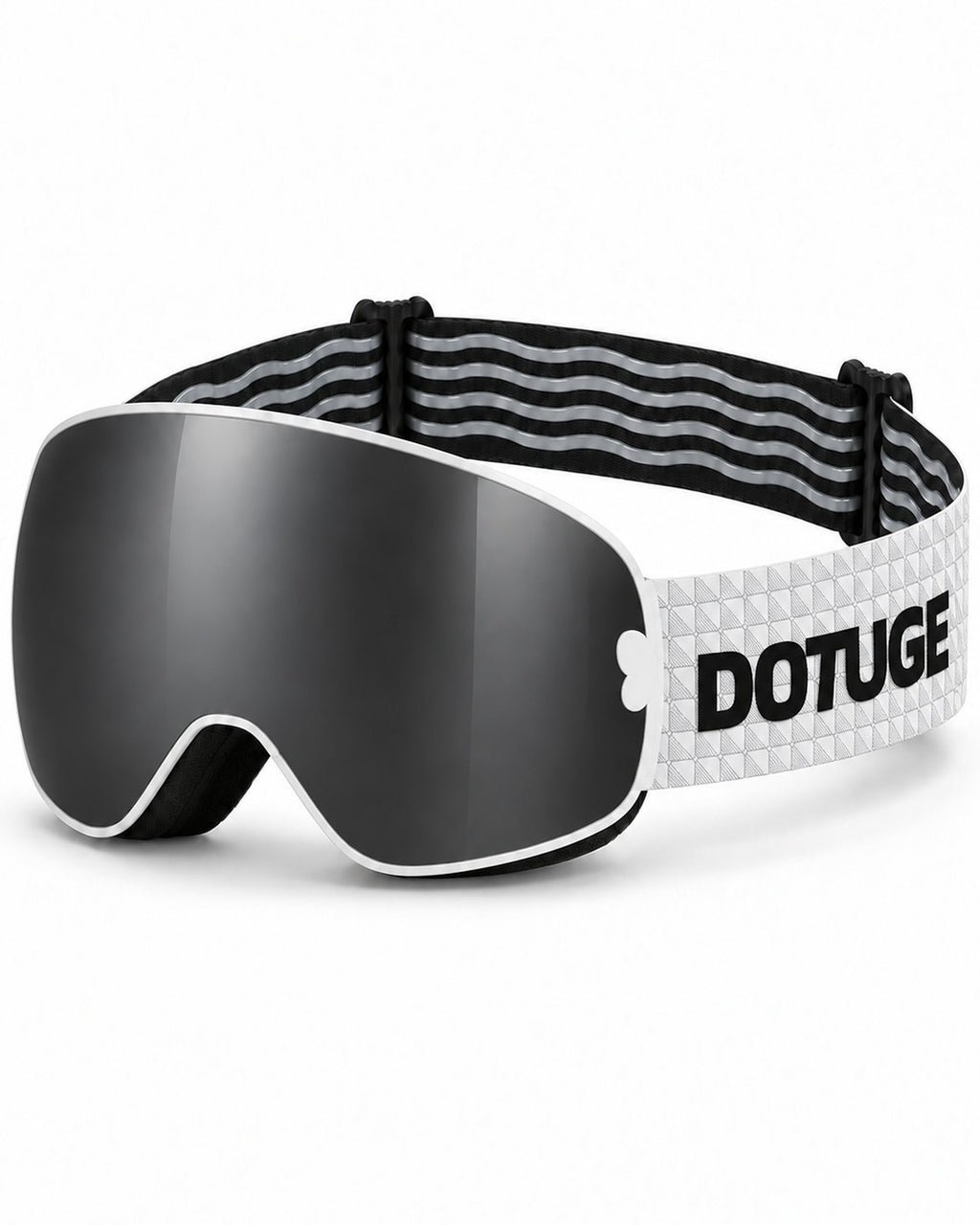 Mesa | Snow Goggles | Spherical Lens, UV400 Protection | Skiing and Snowboarding-Black Lens / White Frame / White Strap – three-quarter view, studio – Snowgest