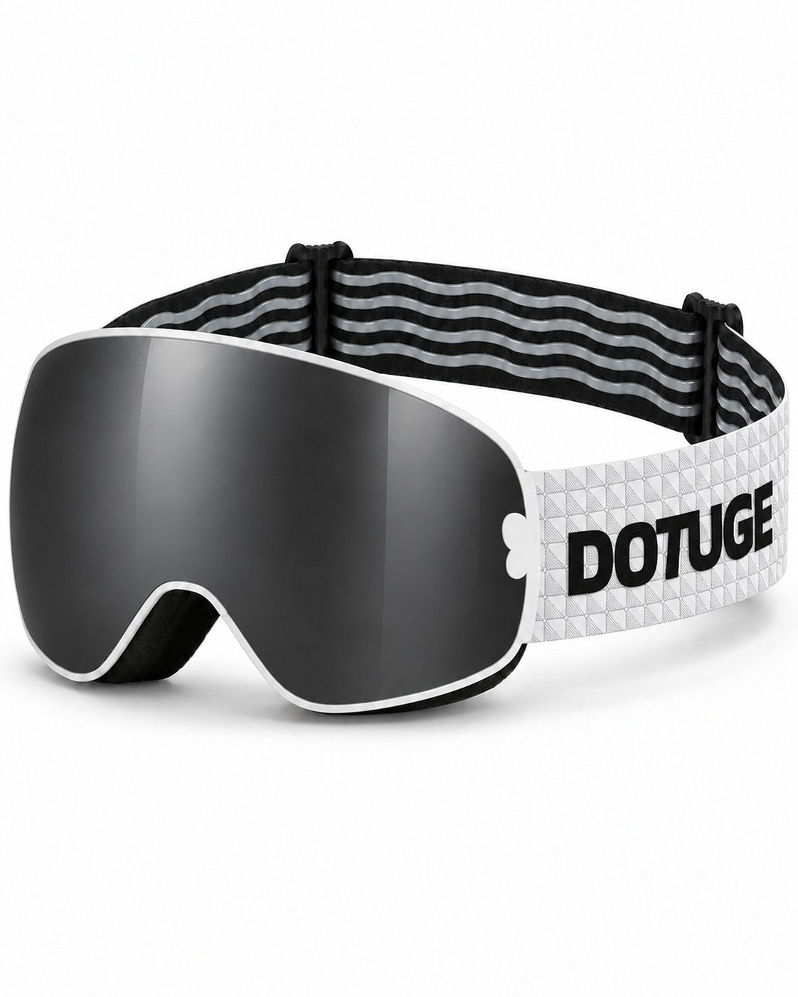 Mesa | Snow Goggles | Spherical Lens, UV400 Protection | Skiing and Snowboarding-Black Lens / White Frame / White Strap – three-quarter view, studio – Snowgest