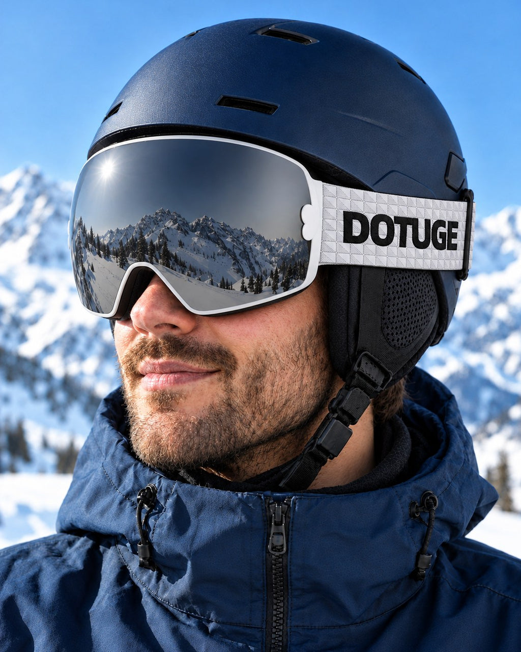 Mesa | Snow Goggles | Spherical Lens, UV400 Protection | Skiing and Snowboarding-Black Lens / White Frame / White Strap – worn with a ski helmet, close-up – Snowgest