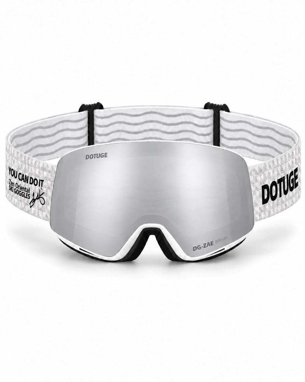 Orbit 1 | Snow Goggles | Spherical Lens, UV400 Protection | Skiing and Snowboarding-Silver Lens / White Frame / White Strap – front view, studio – Snowgest