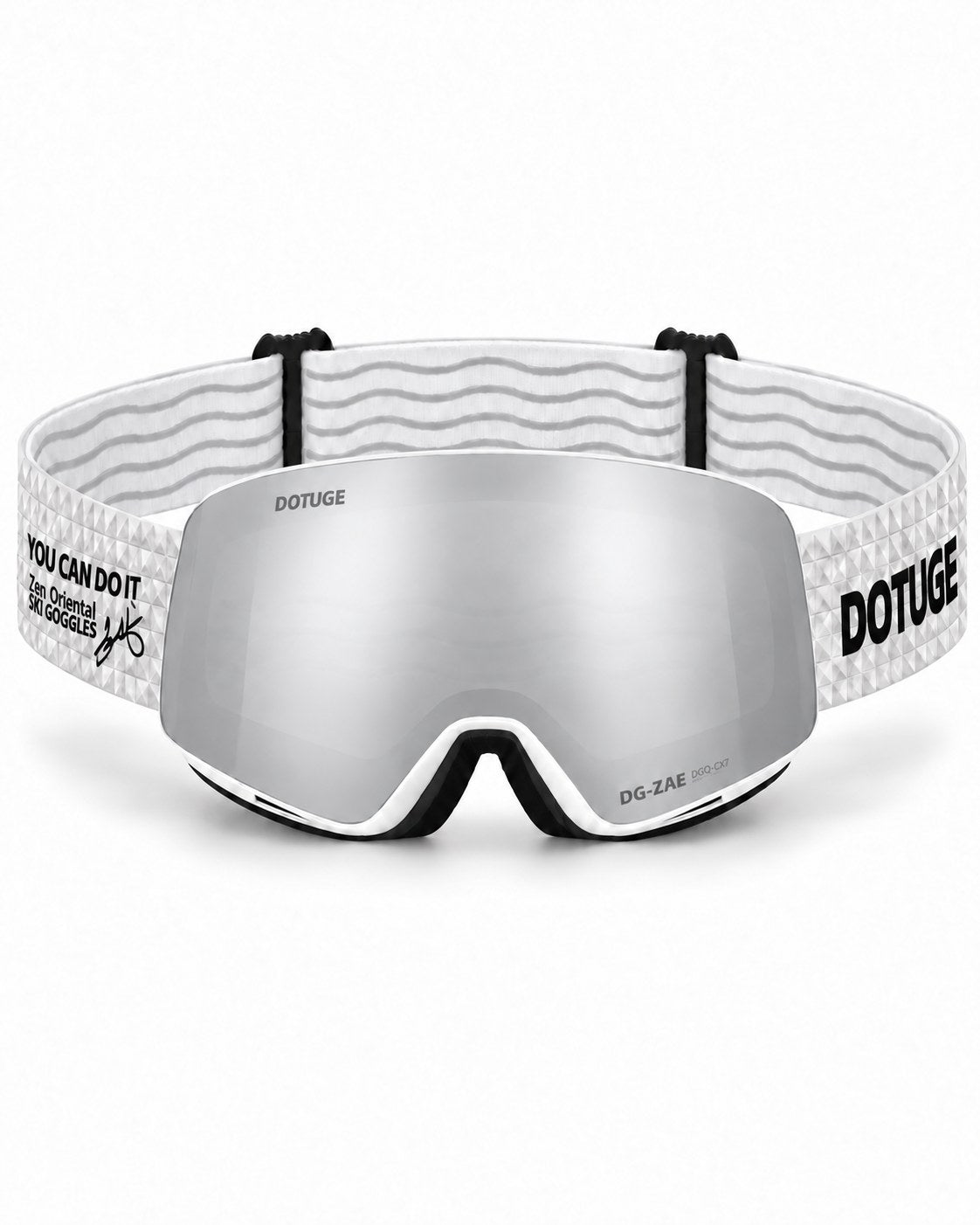 Orbit 1 | Snow Goggles | Spherical Lens, UV400 Protection | Skiing and Snowboarding-Silver Lens / White Frame / White Strap – front view, studio – Snowgest