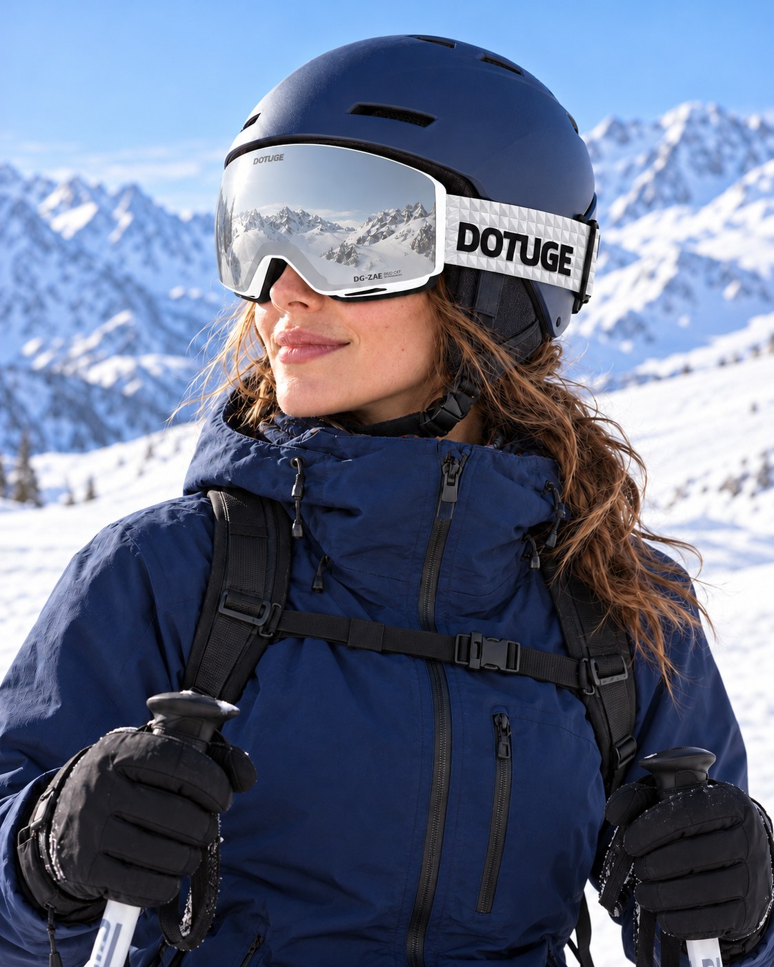 Orbit 1 | Snow Goggles | Spherical Lens, UV400 Protection | Skiing and Snowboarding-Silver Lens / White Frame / White Strap – worn by a skier on the slopes – Snowgest