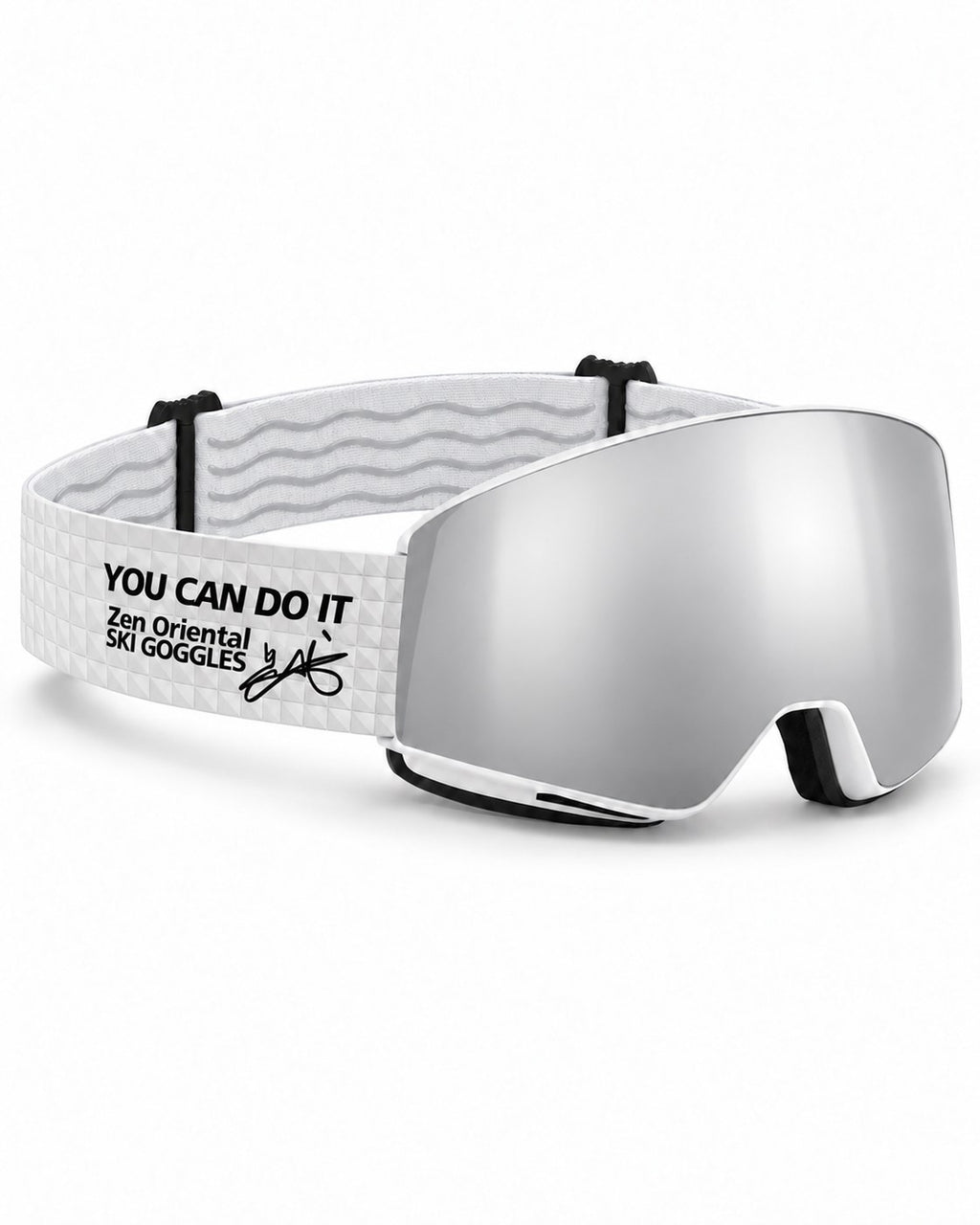 Orbit 1 | Snow Goggles | Spherical Lens, UV400 Protection | Skiing and Snowboarding-Silver Lens / White Frame / White Strap – opposite side view, studio – Snowgest