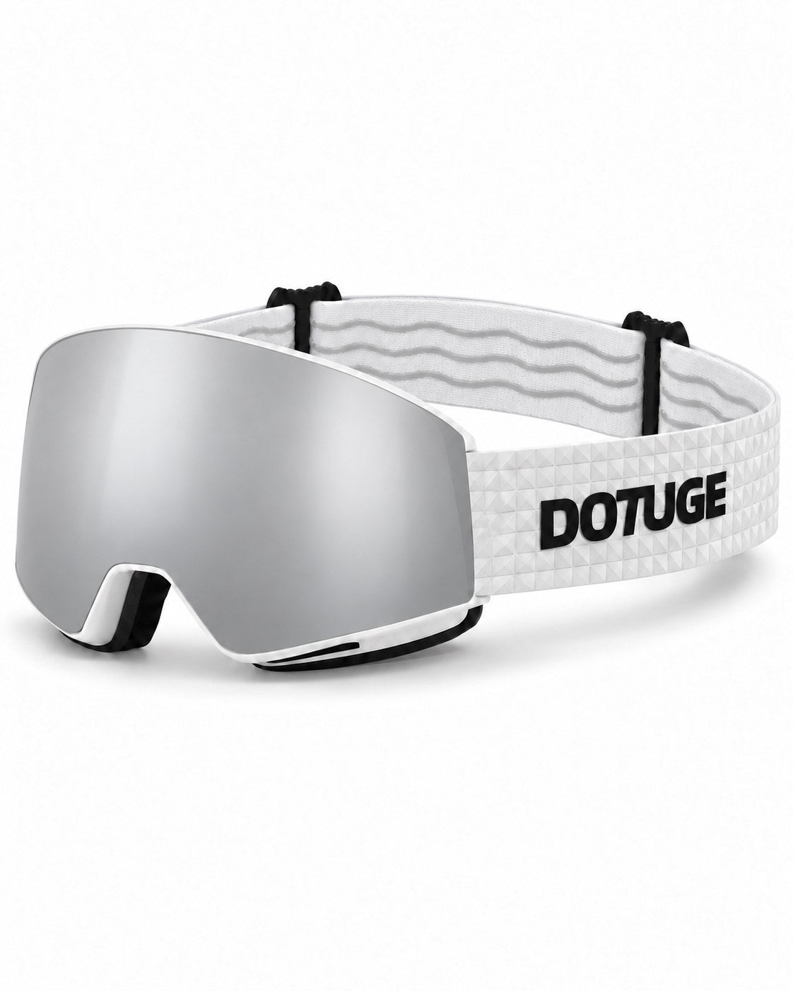 Orbit 1 | Snow Goggles | Spherical Lens, UV400 Protection | Skiing and Snowboarding-Silver Lens / White Frame / White Strap – three-quarter view, studio – Snowgest