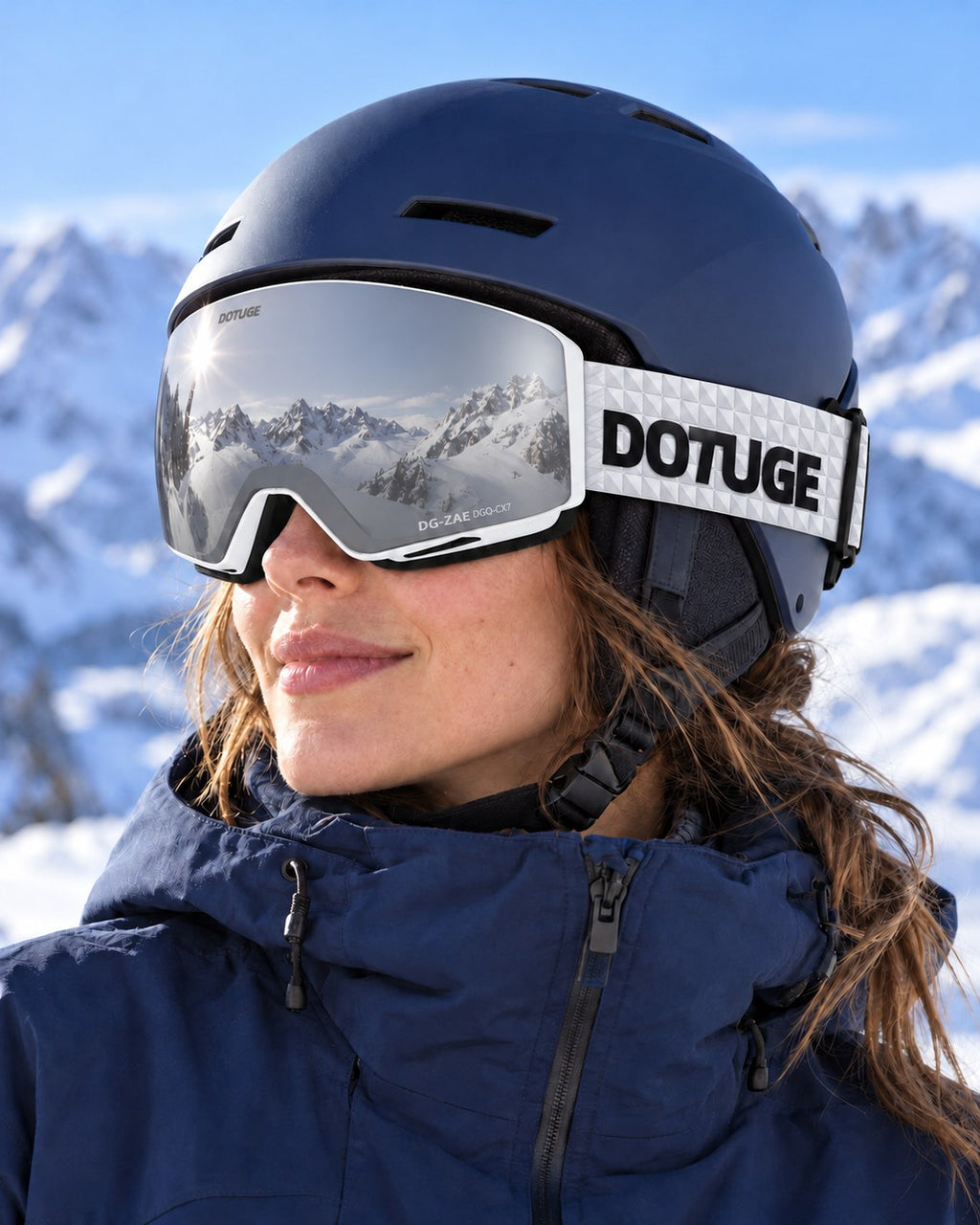 Orbit 1 | Snow Goggles | Spherical Lens, UV400 Protection | Skiing and Snowboarding-Silver Lens / White Frame / White Strap – worn with a ski helmet, close-up – Snowgest