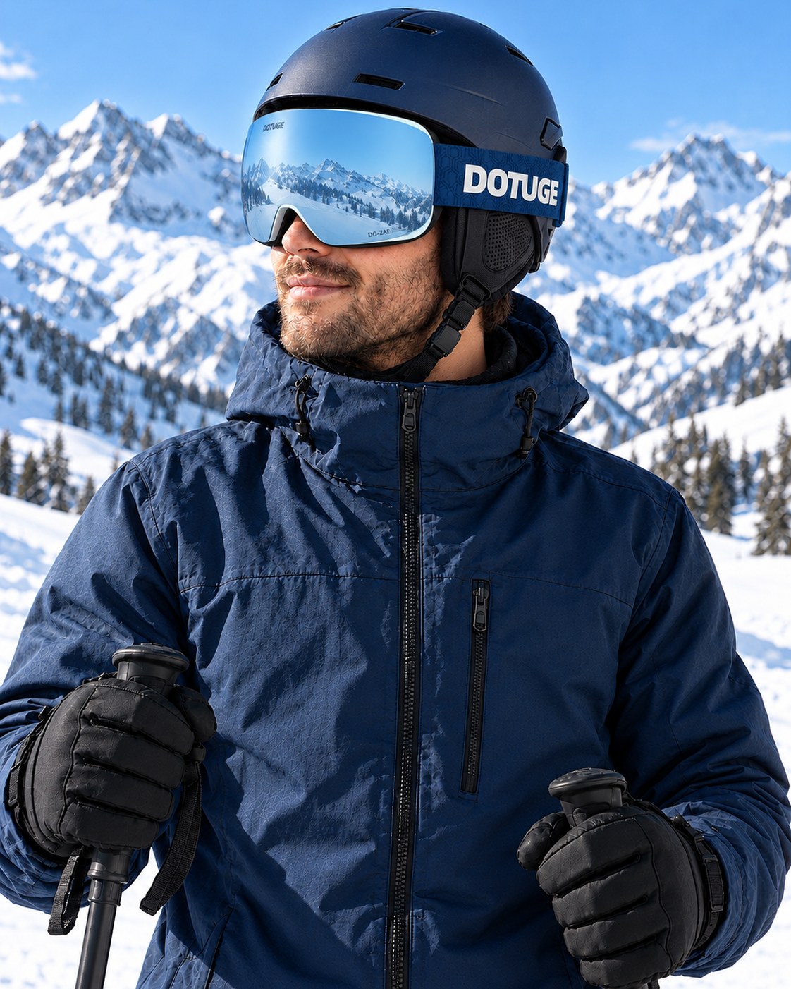 Orbit 3 | Snow Goggles | Spherical Lens, UV400 Protection | Skiing and Snowboarding-Blue Lens / White Frame / Blue Strap – worn by a skier on the slopes – Snowgest