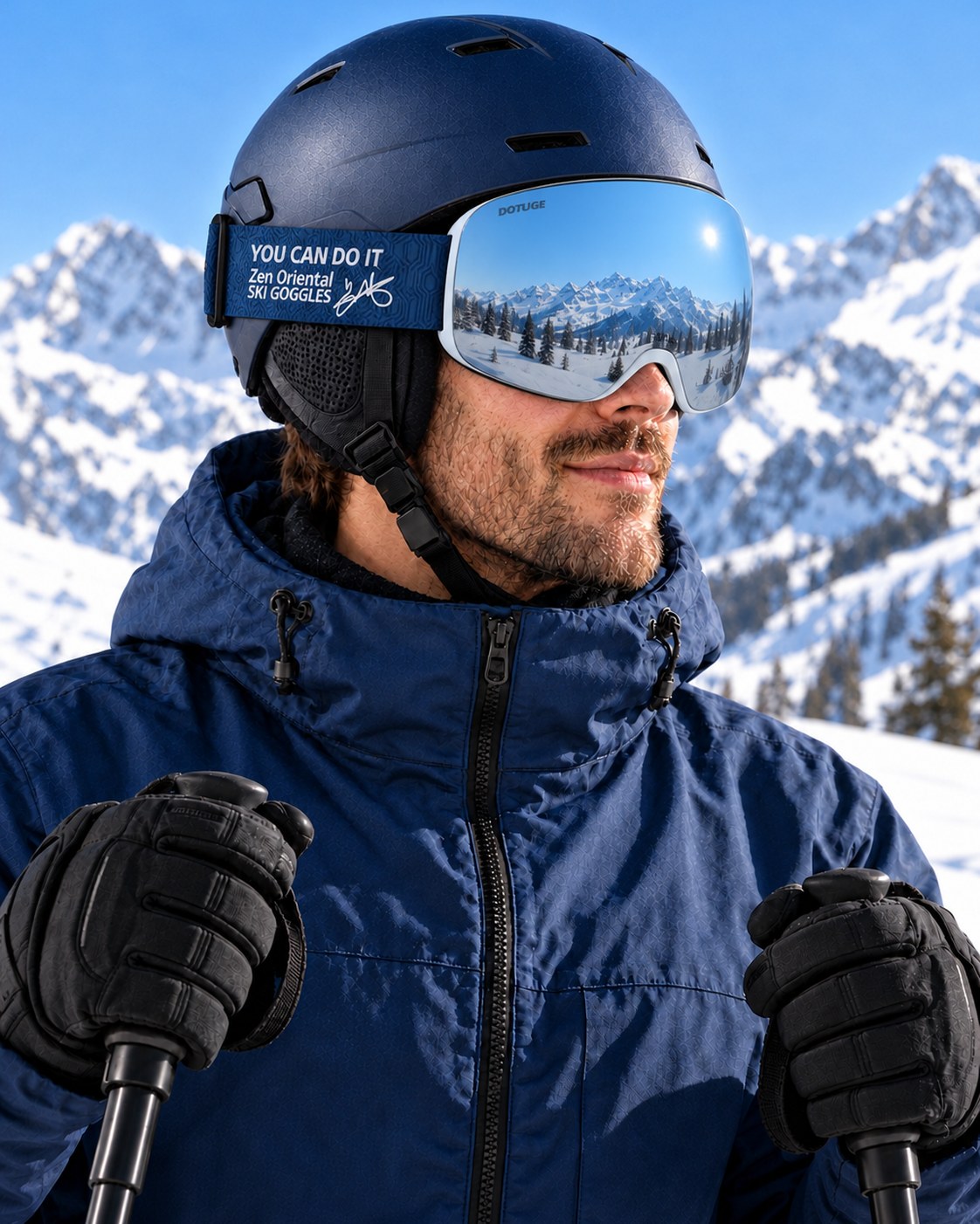 Orbit 3 | Snow Goggles | Spherical Lens, UV400 Protection | Skiing and Snowboarding-Blue Lens / White Frame / Blue Strap – side view worn by a skier – Snowgest