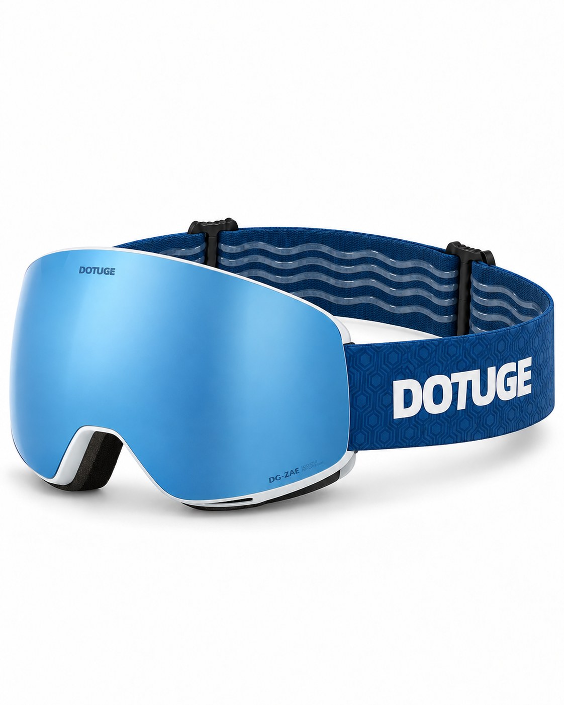 Orbit 3 | Snow Goggles | Spherical Lens, UV400 Protection | Skiing and Snowboarding-Blue Lens / White Frame / Blue Strap – three-quarter view, studio – Snowgest