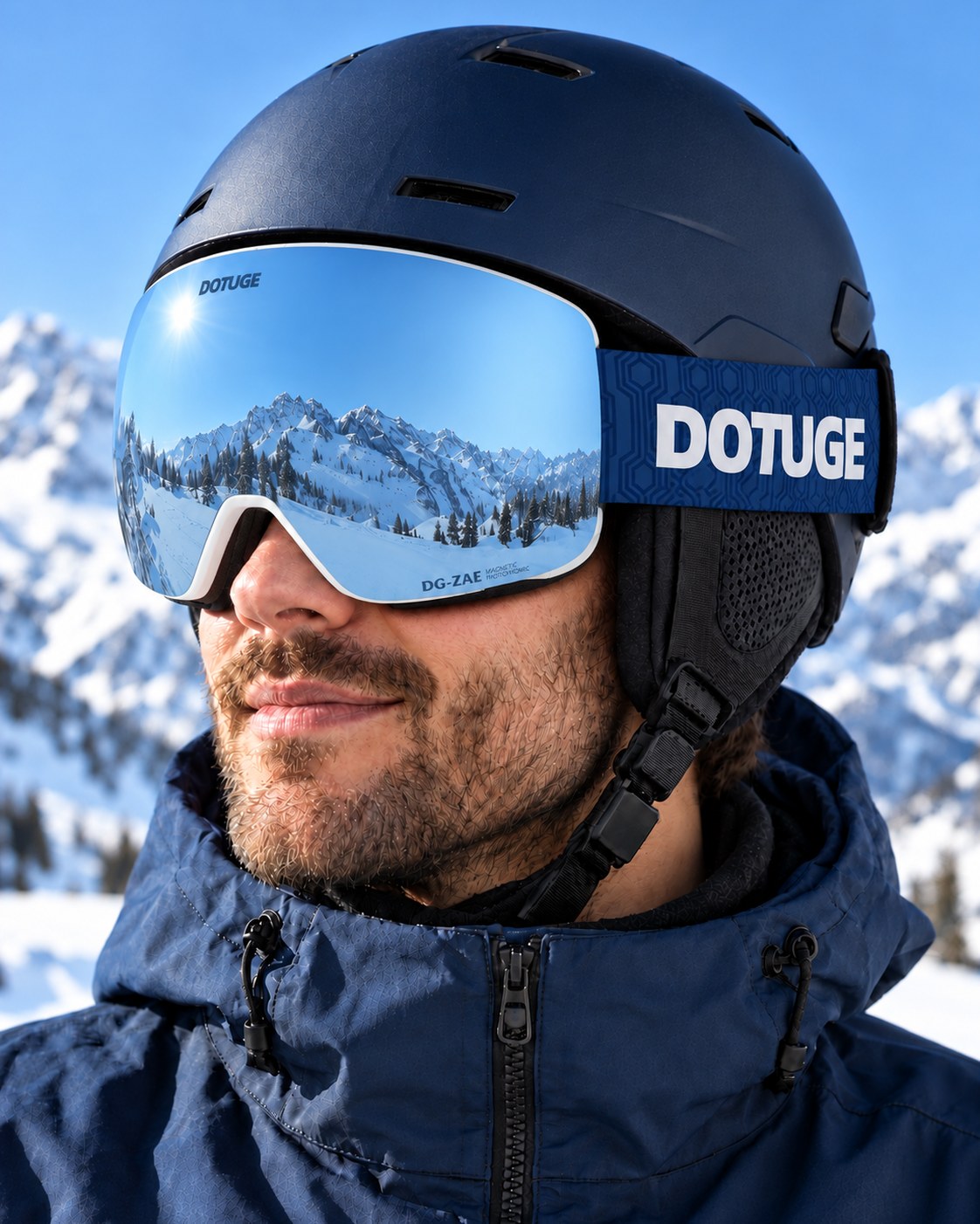 Orbit 3 | Snow Goggles | Spherical Lens, UV400 Protection | Skiing and Snowboarding-Blue Lens / White Frame / Blue Strap – worn with a ski helmet, close-up – Snowgest