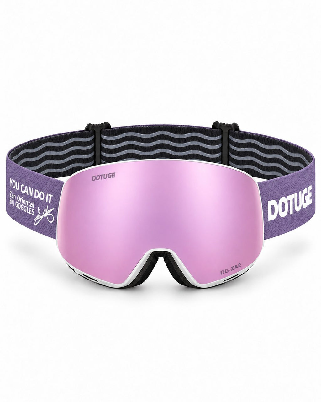 Orbit 4 | Snow Goggles | Photochromic Spherical Lens, UV400 Protection | Skiing and Snowboarding-Purple Lens / White Frame / Purple Strap – front view, studio – Snowgest