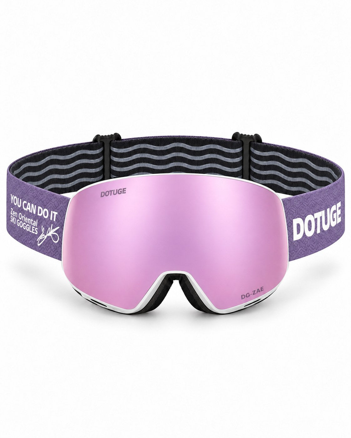 Orbit 4 | Snow Goggles | Photochromic Spherical Lens, UV400 Protection | Skiing and Snowboarding-Purple Lens / White Frame / Purple Strap – front view, studio – Snowgest