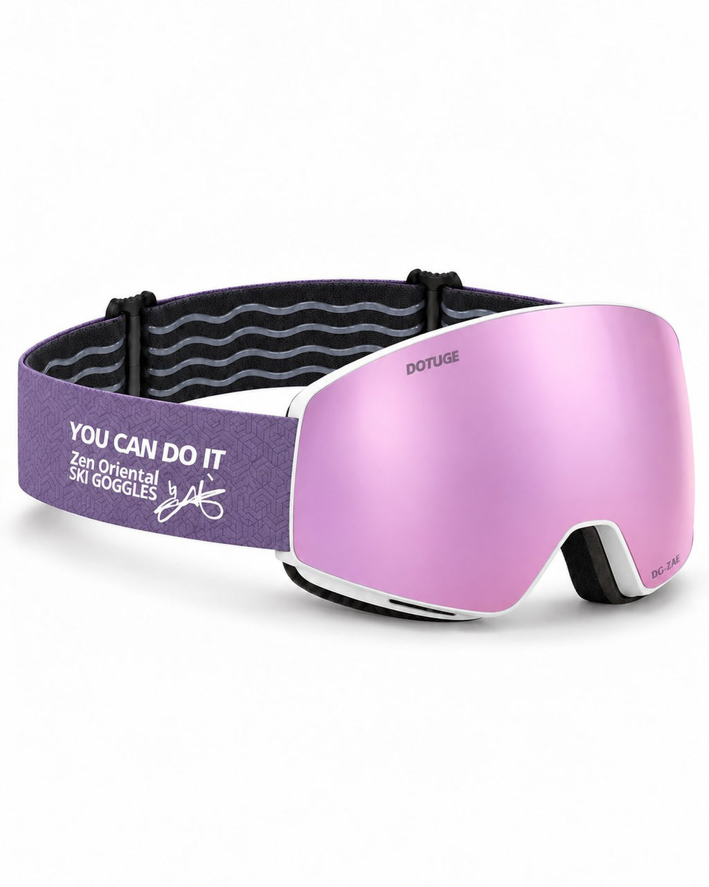 Orbit 4 | Snow Goggles | Photochromic Spherical Lens, UV400 Protection | Skiing and Snowboarding-Purple Lens / White Frame / Purple Strap – opposite side view, studio – Snowgest
