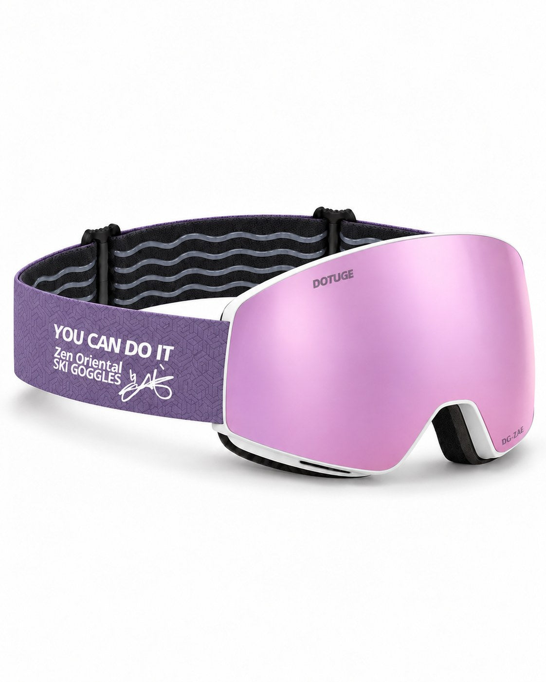 Orbit 4 | Snow Goggles | Photochromic Spherical Lens, UV400 Protection | Skiing and Snowboarding-Purple Lens / White Frame / Purple Strap – opposite side view, studio – Snowgest