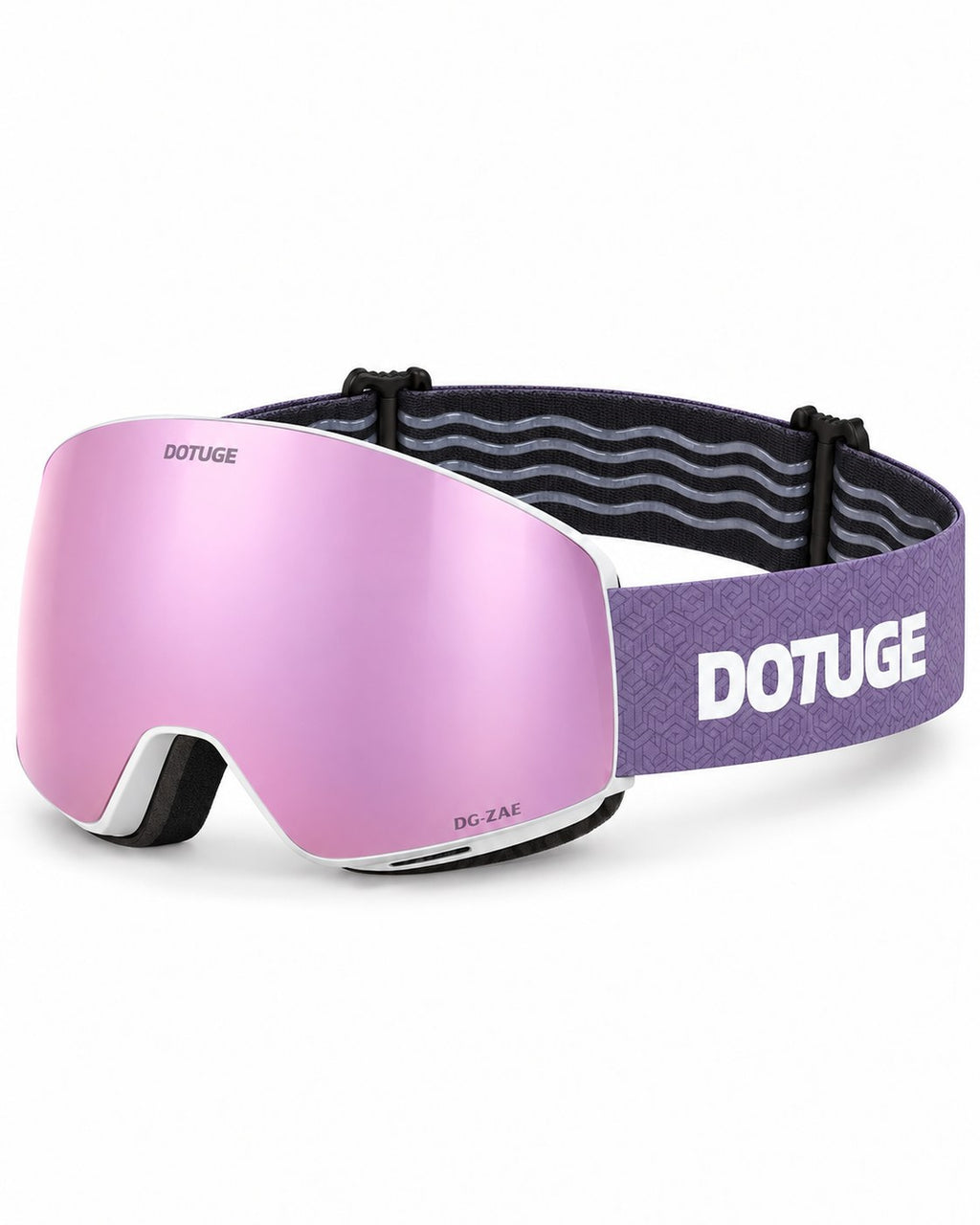 Orbit 4 | Snow Goggles | Photochromic Spherical Lens, UV400 Protection | Skiing and Snowboarding-Purple Lens / White Frame / Purple Strap – three-quarter view, studio – Snowgest
