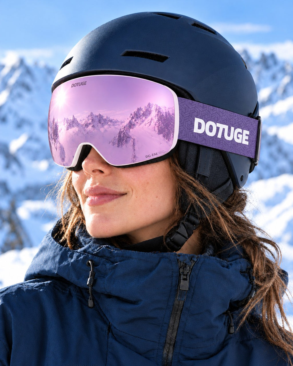Orbit 4 | Snow Goggles | Photochromic Spherical Lens, UV400 Protection | Skiing and Snowboarding-Purple Lens / White Frame / Purple Strap – worn with a ski helmet, close-up – Snowgest