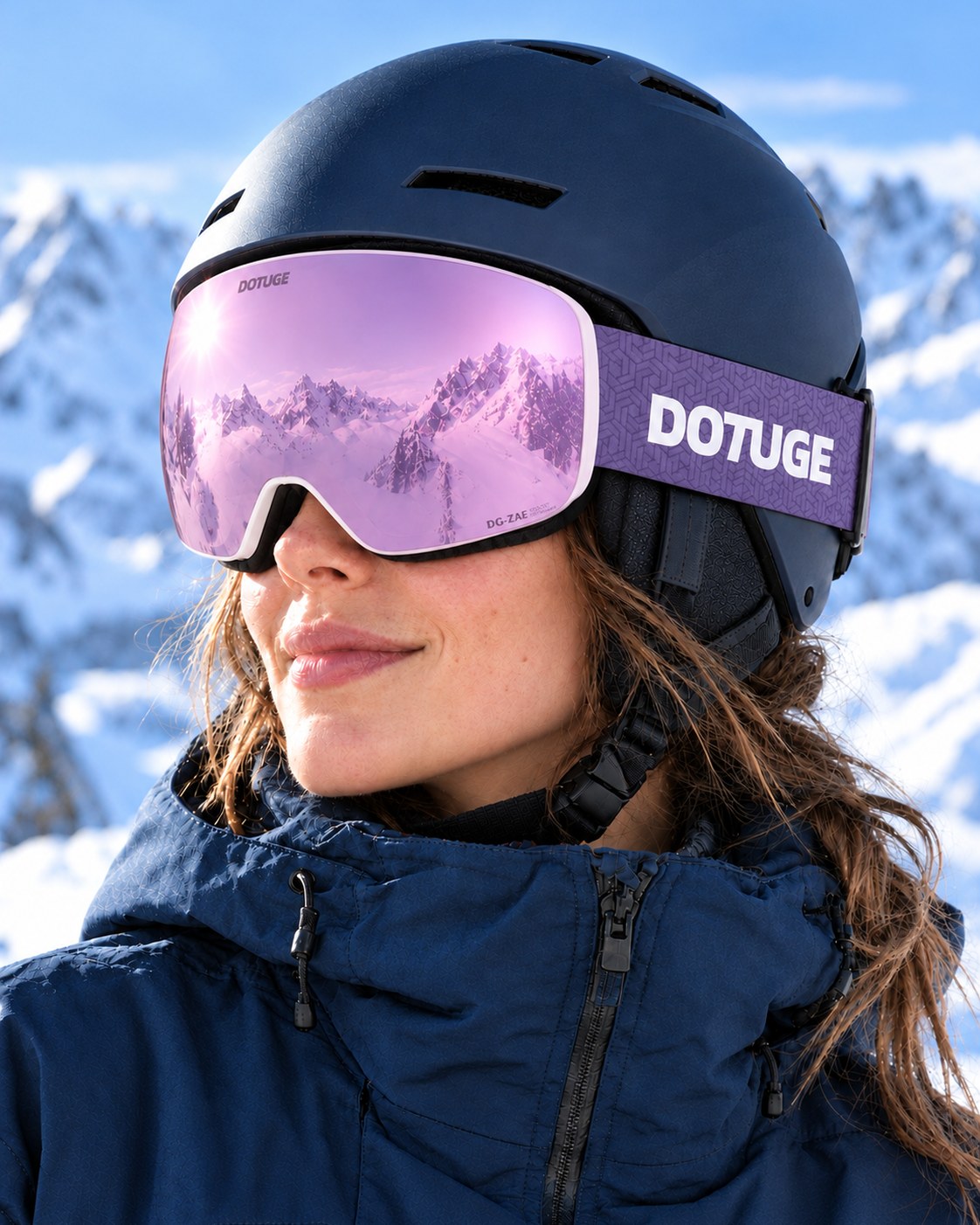 Orbit 4 | Snow Goggles | Photochromic Spherical Lens, UV400 Protection | Skiing and Snowboarding-Purple Lens / White Frame / Purple Strap – worn with a ski helmet, close-up – Snowgest