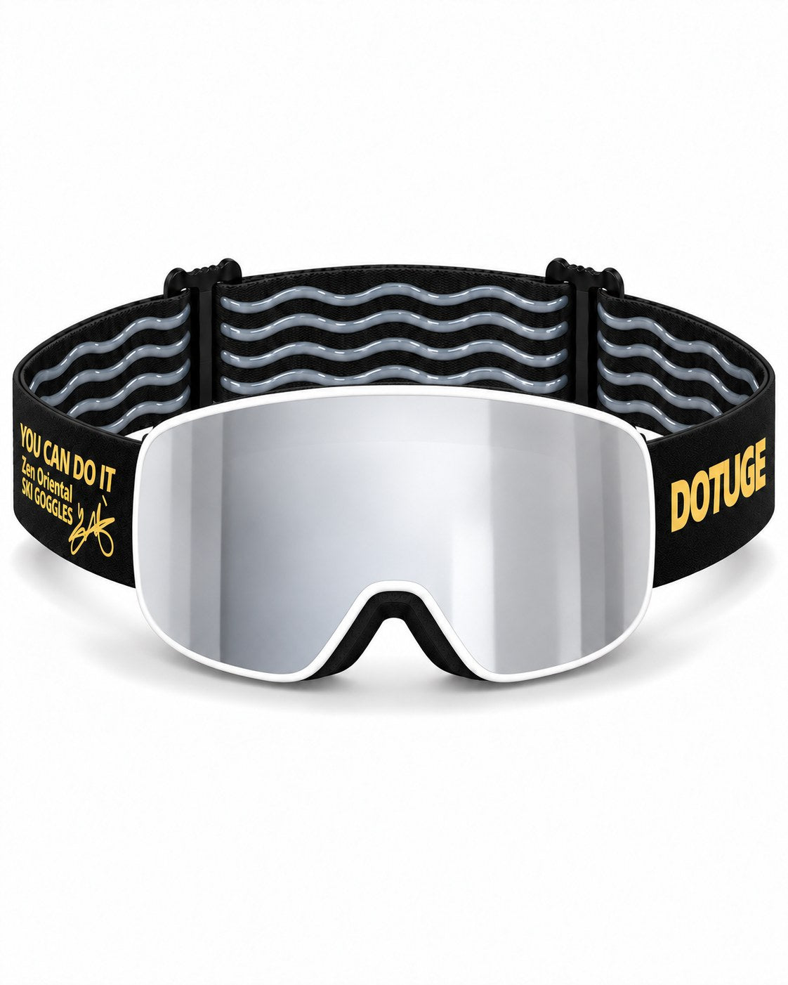 Pebble | Kids Snow Goggles | Cylindrical Lens, UV400 Protection | Skiing and Snowboarding-Silver Lens / White Frame / Black Strap – front view, studio – Snowgest