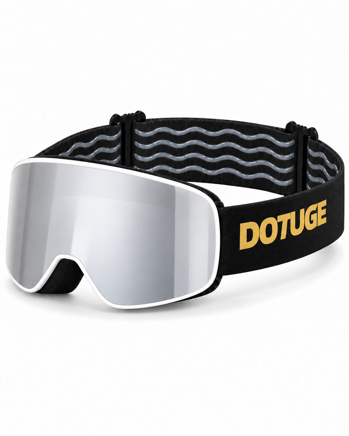 Pebble | Kids Snow Goggles | Cylindrical Lens, UV400 Protection | Skiing and Snowboarding-Silver Lens / White Frame / Black Strap – three-quarter view, studio – Snowgest