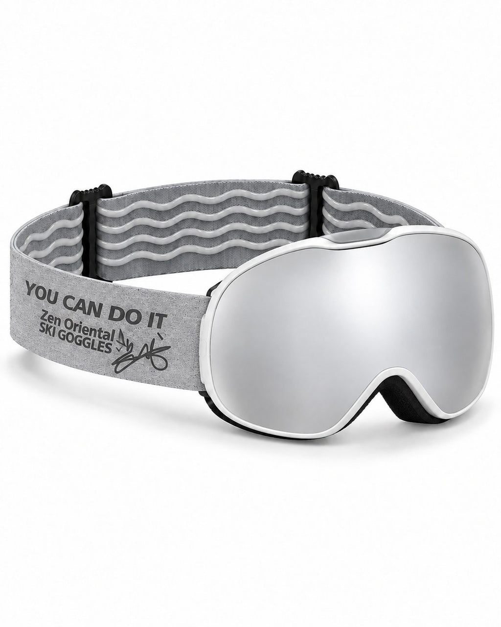 Pip | Kids Snow Goggles | Spherical Lens, UV400 Protection | Skiing and Snowboarding-Silver Lens / White Frame / Gray Strap – opposite side view, studio – Snowgest