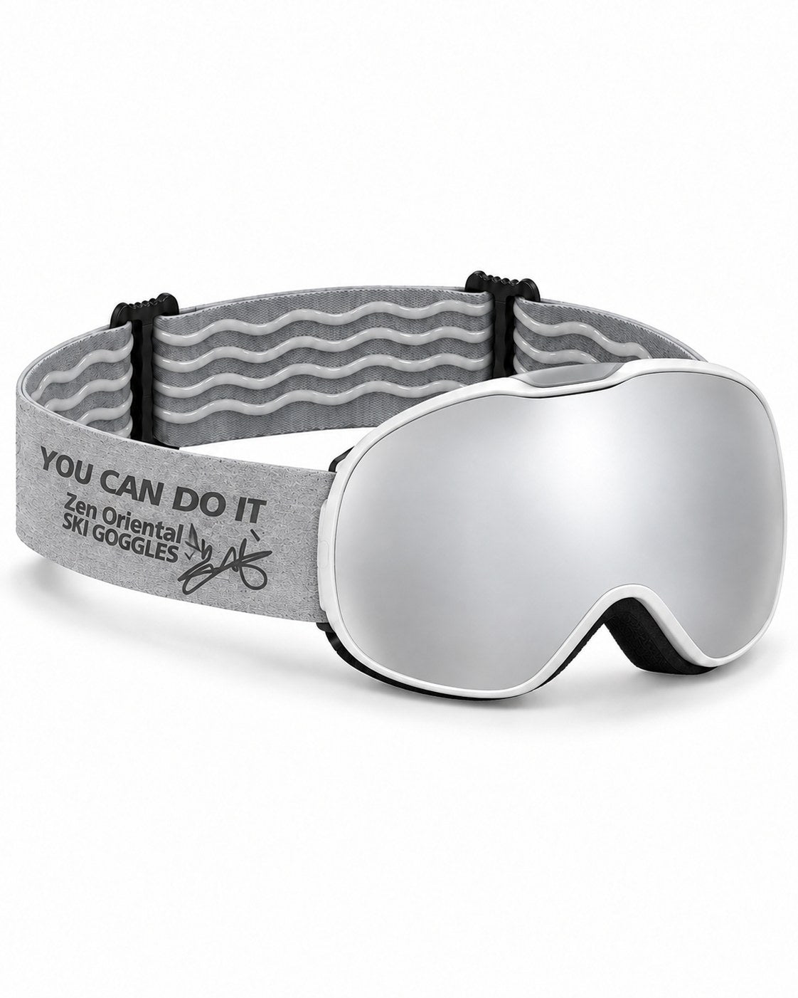 Pip | Kids Snow Goggles | Spherical Lens, UV400 Protection | Skiing and Snowboarding-Silver Lens / White Frame / Gray Strap – opposite side view, studio – Snowgest