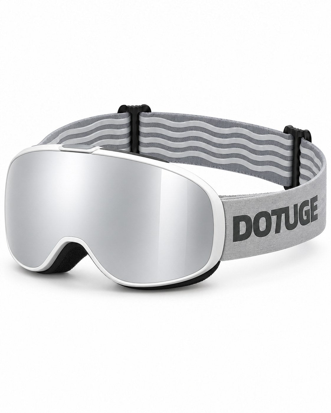 Pip | Kids Snow Goggles | Spherical Lens, UV400 Protection | Skiing and Snowboarding-Silver Lens / White Frame / Gray Strap – three-quarter view, studio – Snowgest