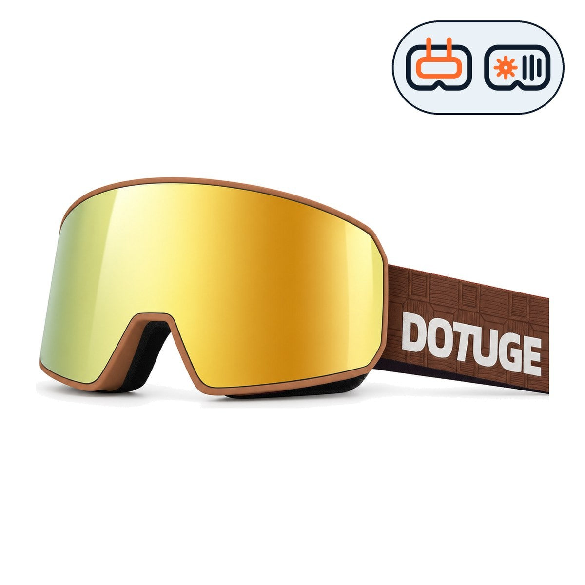 Powder 2 | Snow Goggles | Photochromic Cylindrical Lens, UV400 Protection | Skiing and Snowboarding-Gold Lens / Brown Frame / Brown Strap-Snowgest