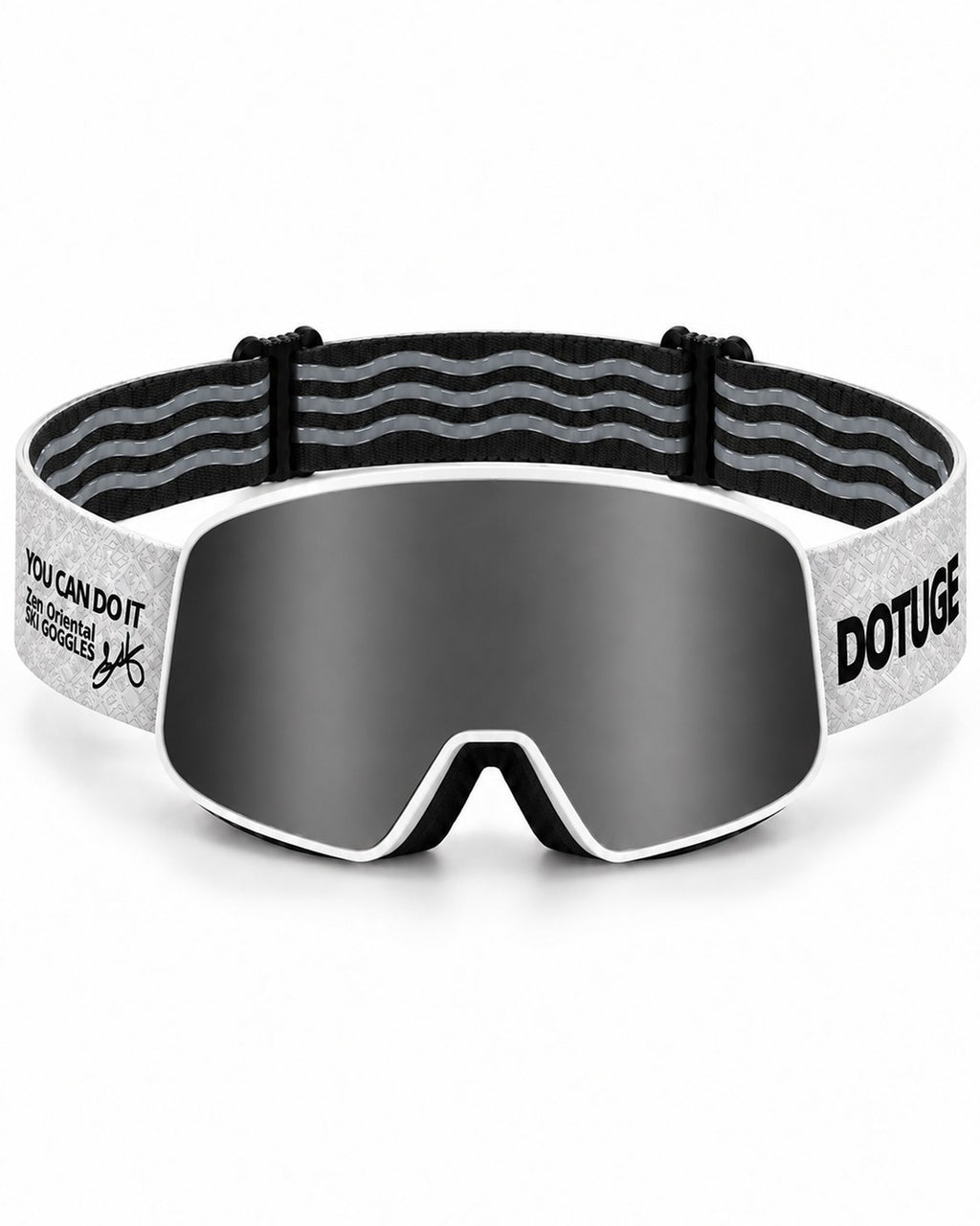 Powder 2 | Snow Goggles | Photochromic Cylindrical Lens, UV400 Protection | Skiing and Snowboarding-Black Lens / White Frame / White Strap – front view, studio – Snowgest