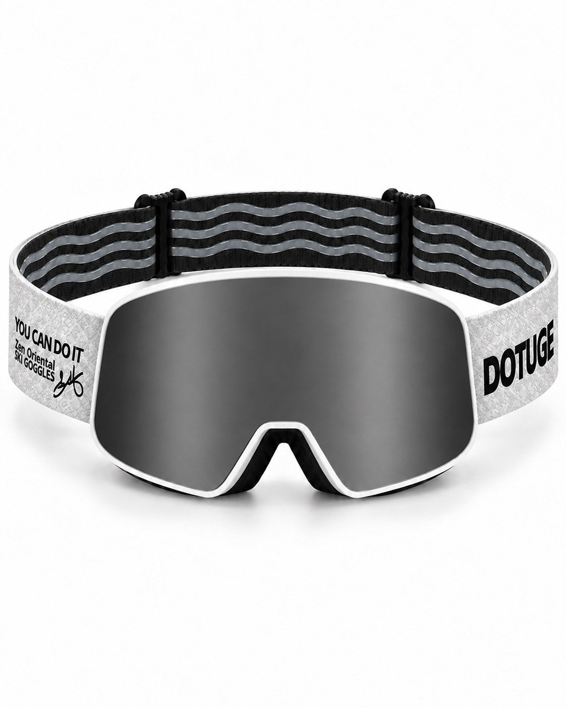 Powder 2 | Snow Goggles | Photochromic Cylindrical Lens, UV400 Protection | Skiing and Snowboarding-Black Lens / White Frame / White Strap – front view, studio – Snowgest