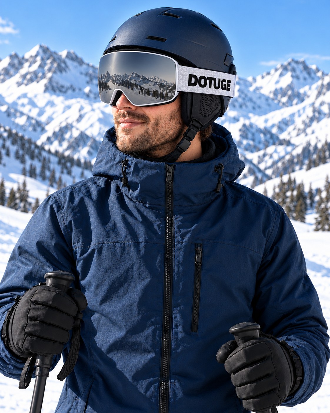 Powder 2 | Snow Goggles | Photochromic Cylindrical Lens, UV400 Protection | Skiing and Snowboarding-Black Lens / White Frame / White Strap – worn by a skier on the slopes – Snowgest