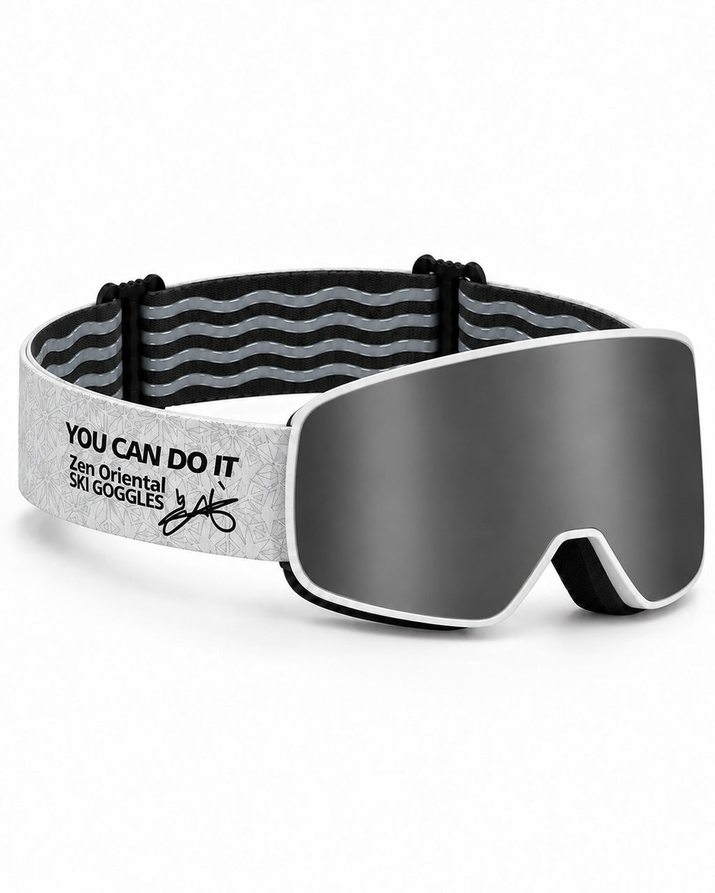 Powder 2 | Snow Goggles | Photochromic Cylindrical Lens, UV400 Protection | Skiing and Snowboarding-Black Lens / White Frame / White Strap – opposite side view, studio – Snowgest