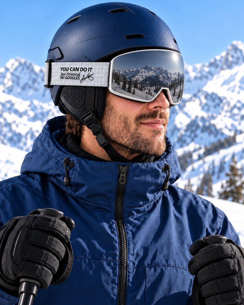 Powder 2 | Snow Goggles | Photochromic Cylindrical Lens, UV400 Protection | Skiing and Snowboarding-Black Lens / White Frame / White Strap – side view worn by a skier – Snowgest