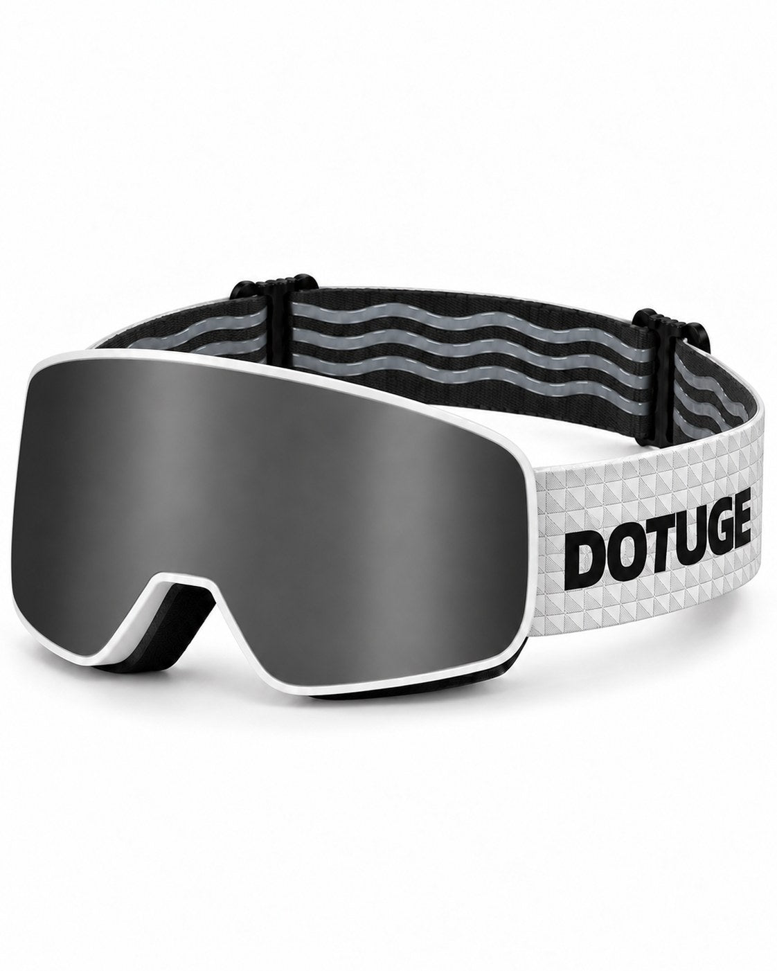 Powder 2 | Snow Goggles | Photochromic Cylindrical Lens, UV400 Protection | Skiing and Snowboarding-Black Lens / White Frame / White Strap – three-quarter view, studio – Snowgest