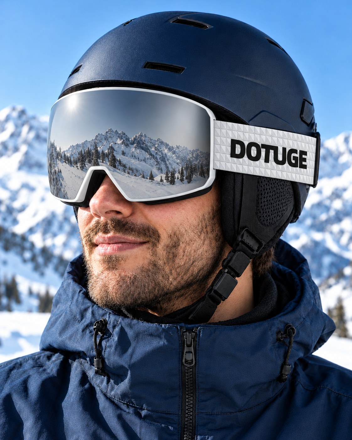 Powder 2 | Snow Goggles | Photochromic Cylindrical Lens, UV400 Protection | Skiing and Snowboarding-Black Lens / White Frame / White Strap – worn with a ski helmet, close-up – Snowgest