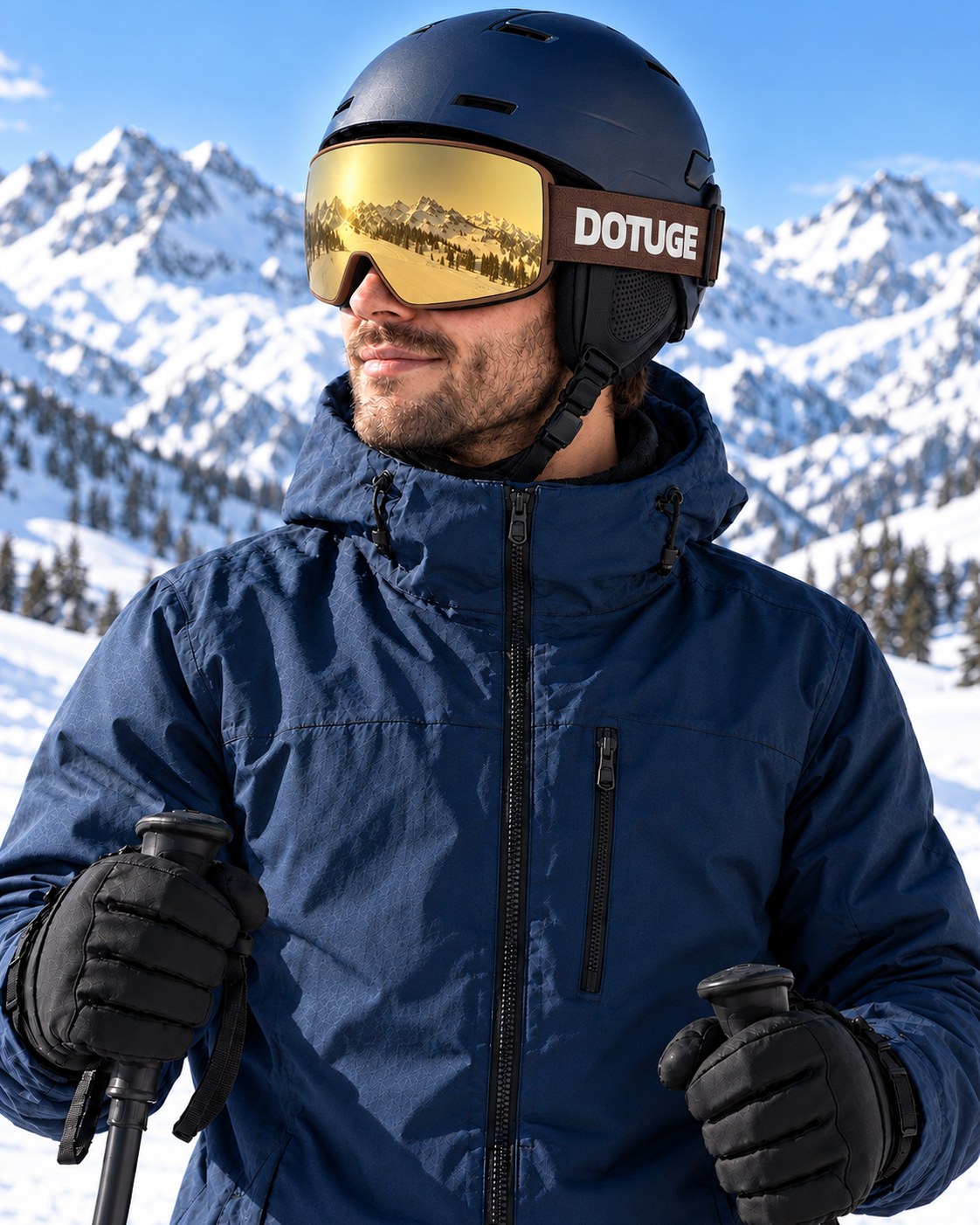 Powder | Snow Goggles | Cylindrical Lens, UV400 Protection | Skiing and Snowboarding-Gold Lens / Brown Frame / Brown Strap – worn by a skier on the slopes – Snowgest