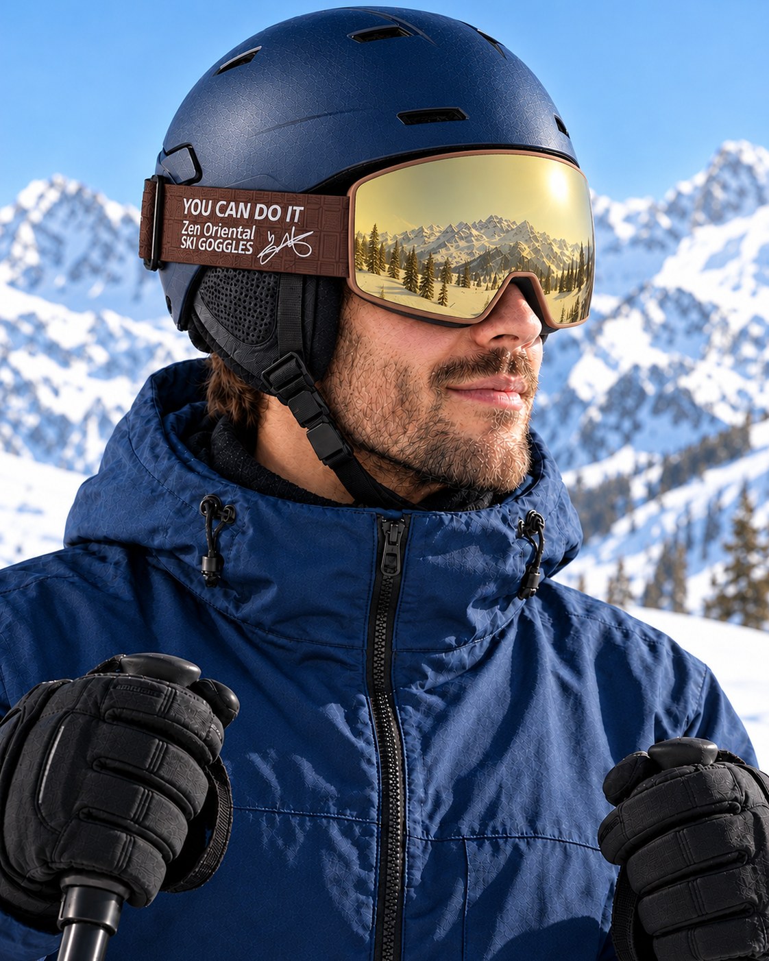 Powder | Snow Goggles | Cylindrical Lens, UV400 Protection | Skiing and Snowboarding-Gold Lens / Brown Frame / Brown Strap – side view worn by a skier – Snowgest