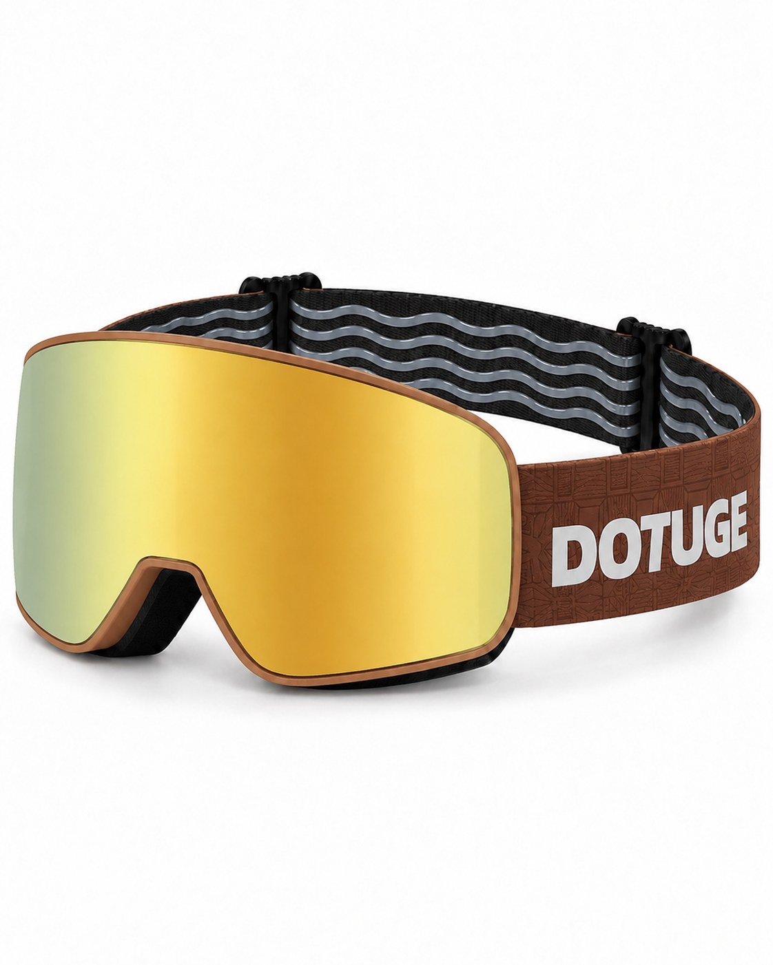 Powder | Snow Goggles | Cylindrical Lens, UV400 Protection | Skiing and Snowboarding-Gold Lens / Brown Frame / Brown Strap – three-quarter view, studio – Snowgest