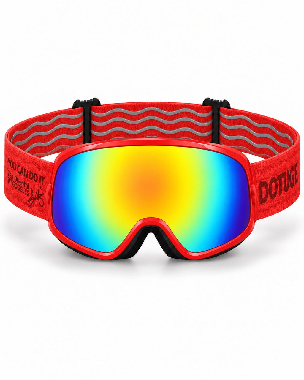 Rascal | Kids Snow Goggles | Spherical Lens, UV400 Protection | Skiing and Snowboarding-Rainbow Lens / Red Frame / Red Strap – front view, studio – Snowgest