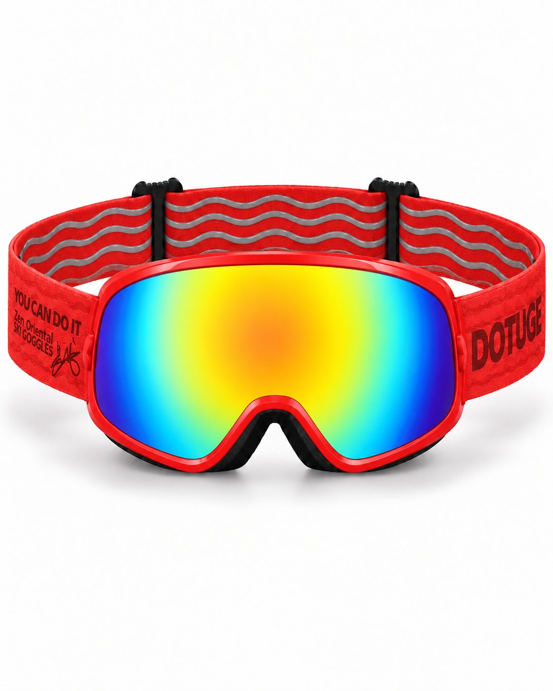 Rascal | Kids Snow Goggles | Spherical Lens, UV400 Protection | Skiing and Snowboarding-Rainbow Lens / Red Frame / Red Strap – front view, studio – Snowgest