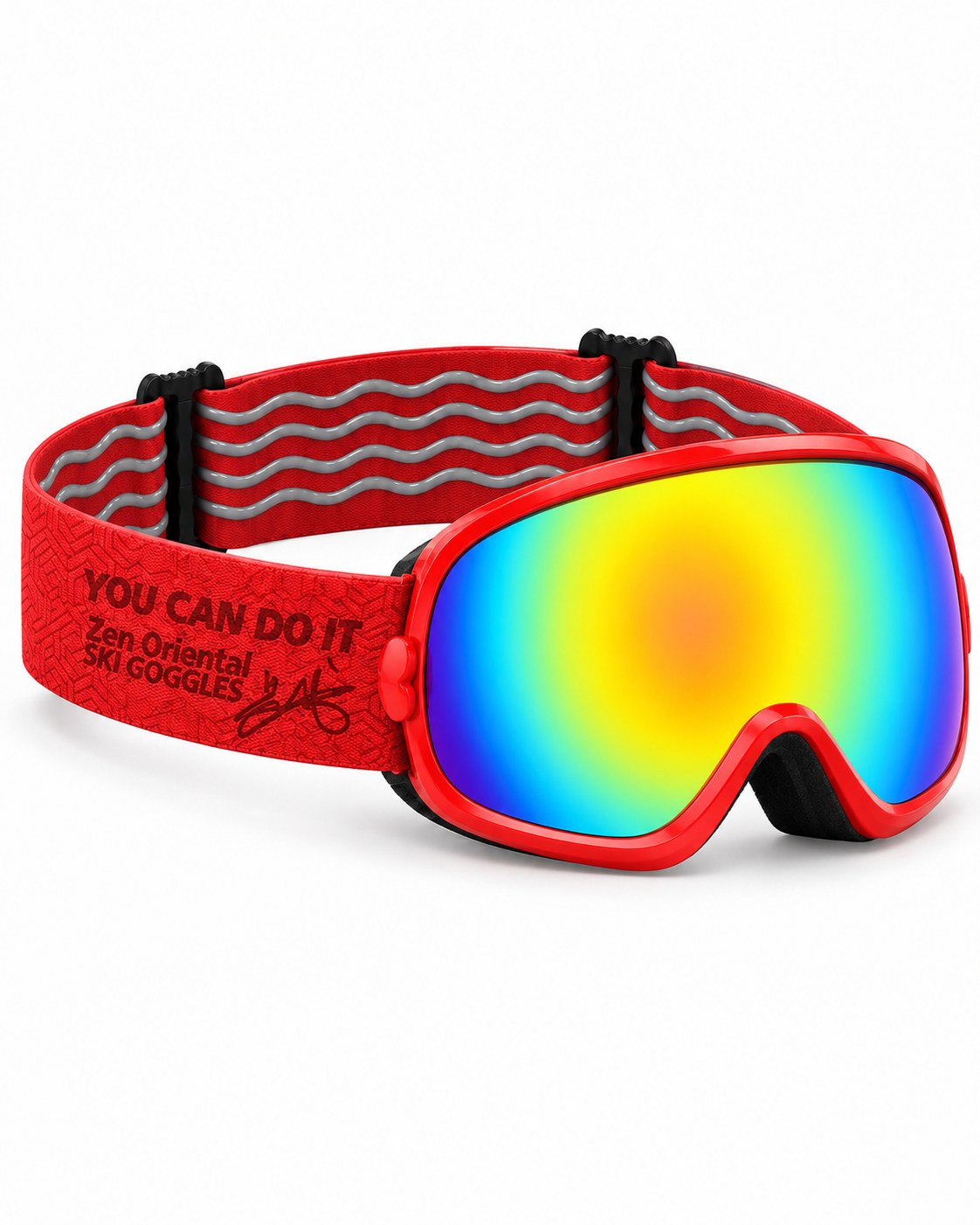 Rascal | Kids Snow Goggles | Spherical Lens, UV400 Protection | Skiing and Snowboarding-Rainbow Lens / Red Frame / Red Strap – opposite side view, studio – Snowgest