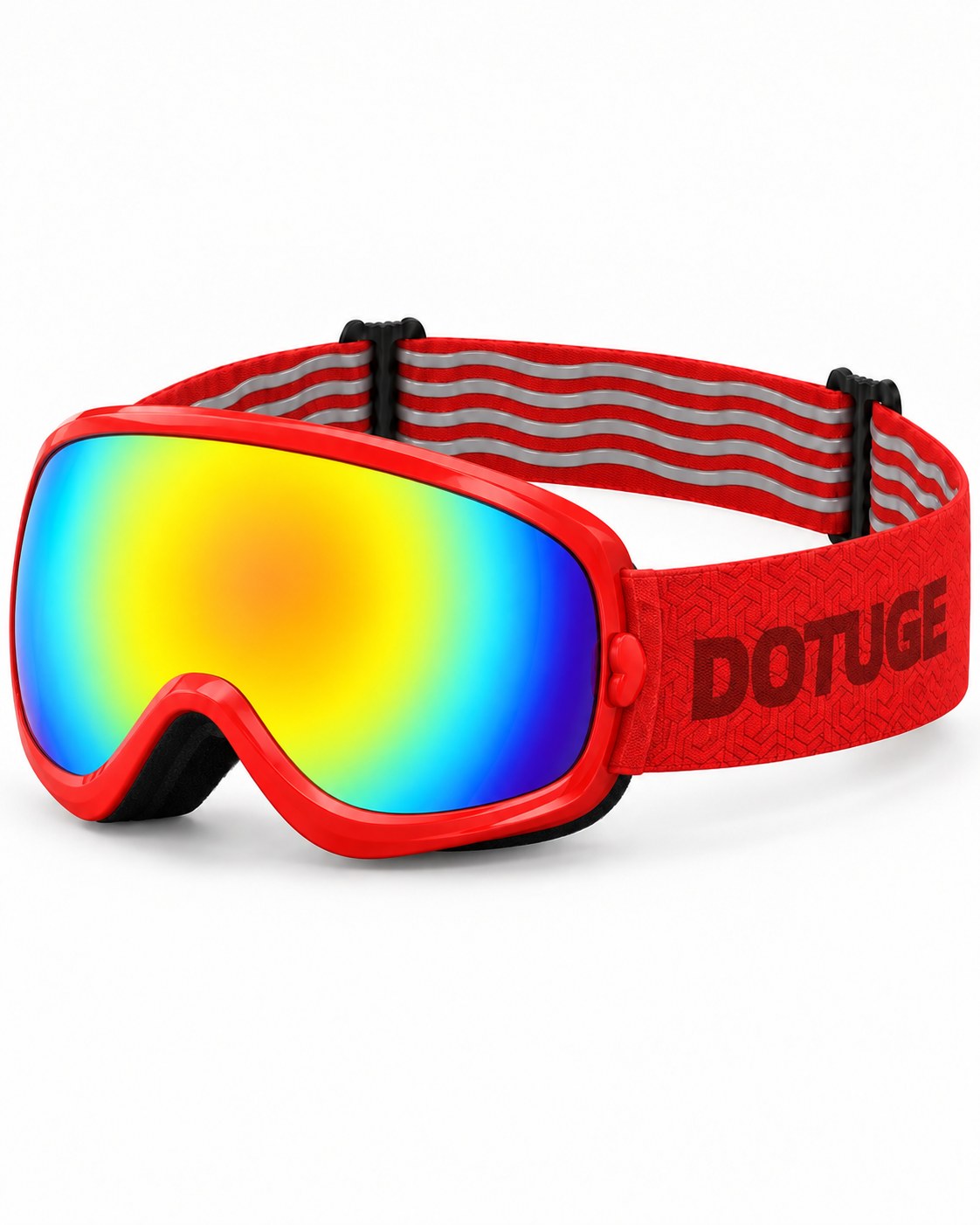 Rascal | Kids Snow Goggles | Spherical Lens, UV400 Protection | Skiing and Snowboarding-Rainbow Lens / Red Frame / Red Strap – three-quarter view, studio – Snowgest